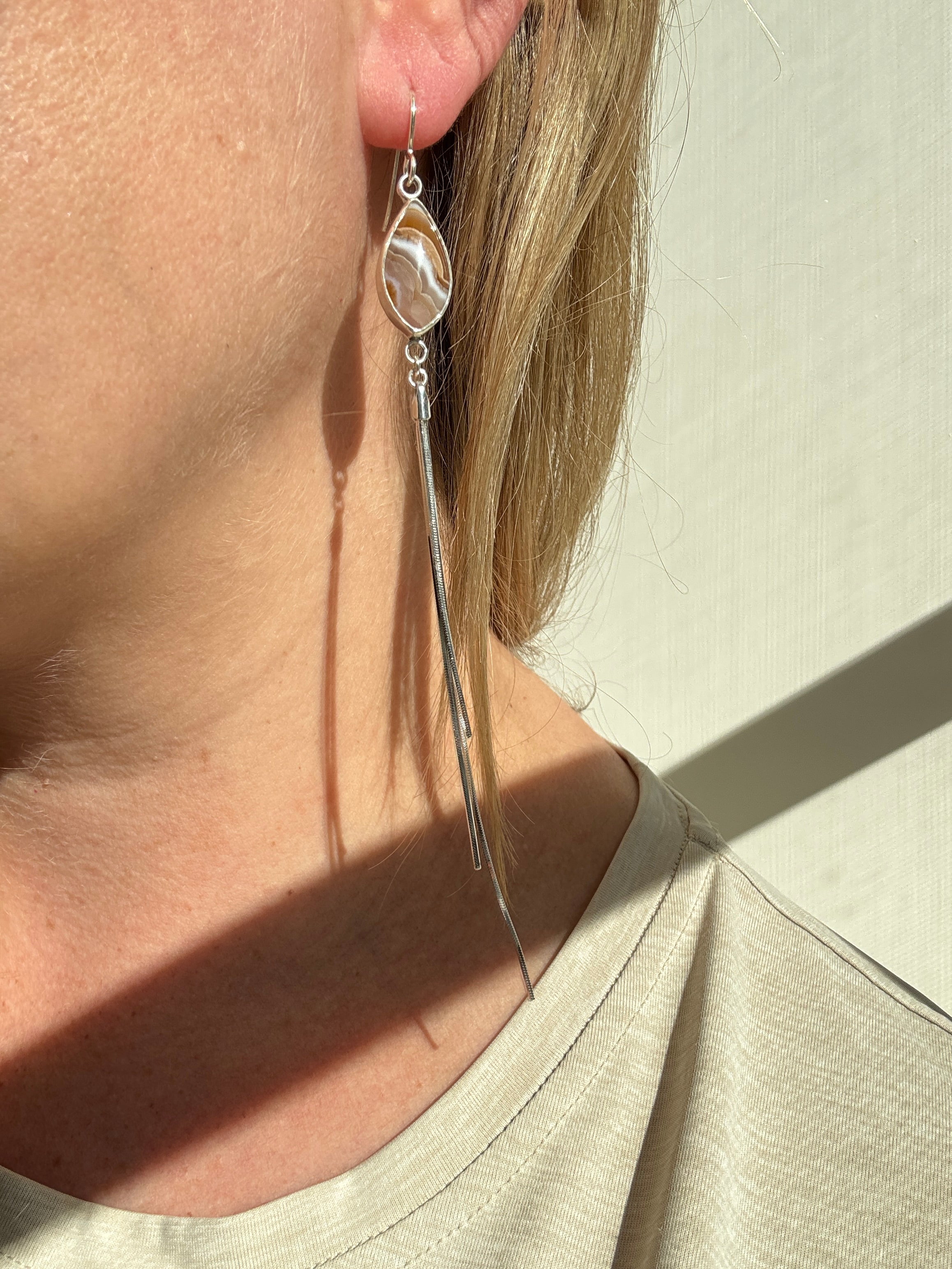 Pretty pinks and nudes Agua Nueva on sterling silver with sterling silver snake chain dangles. One of a kind, handmade pair.