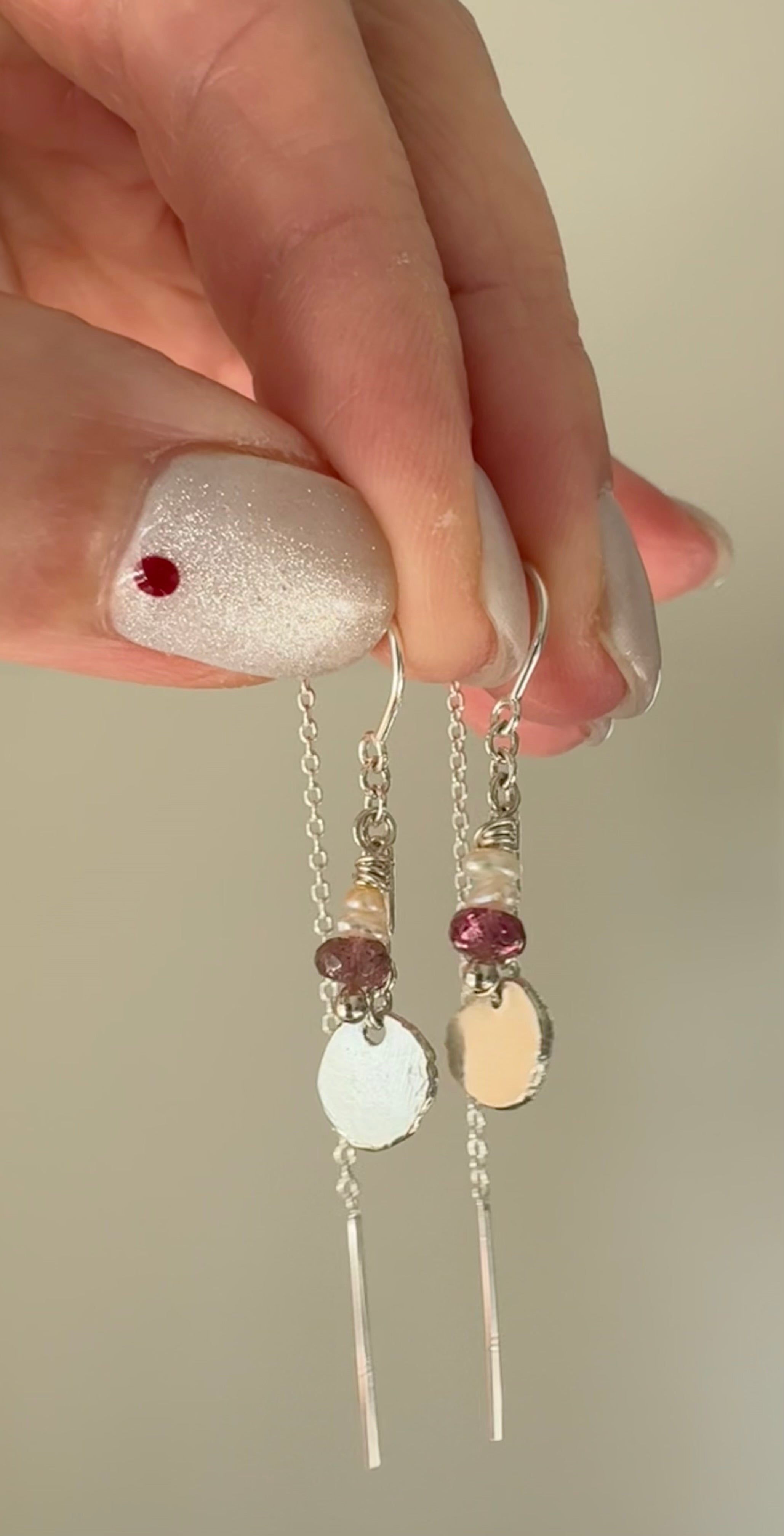 Pearl and rhodolite beads with hand forged sterling silver charms on sterling silver threader earrings