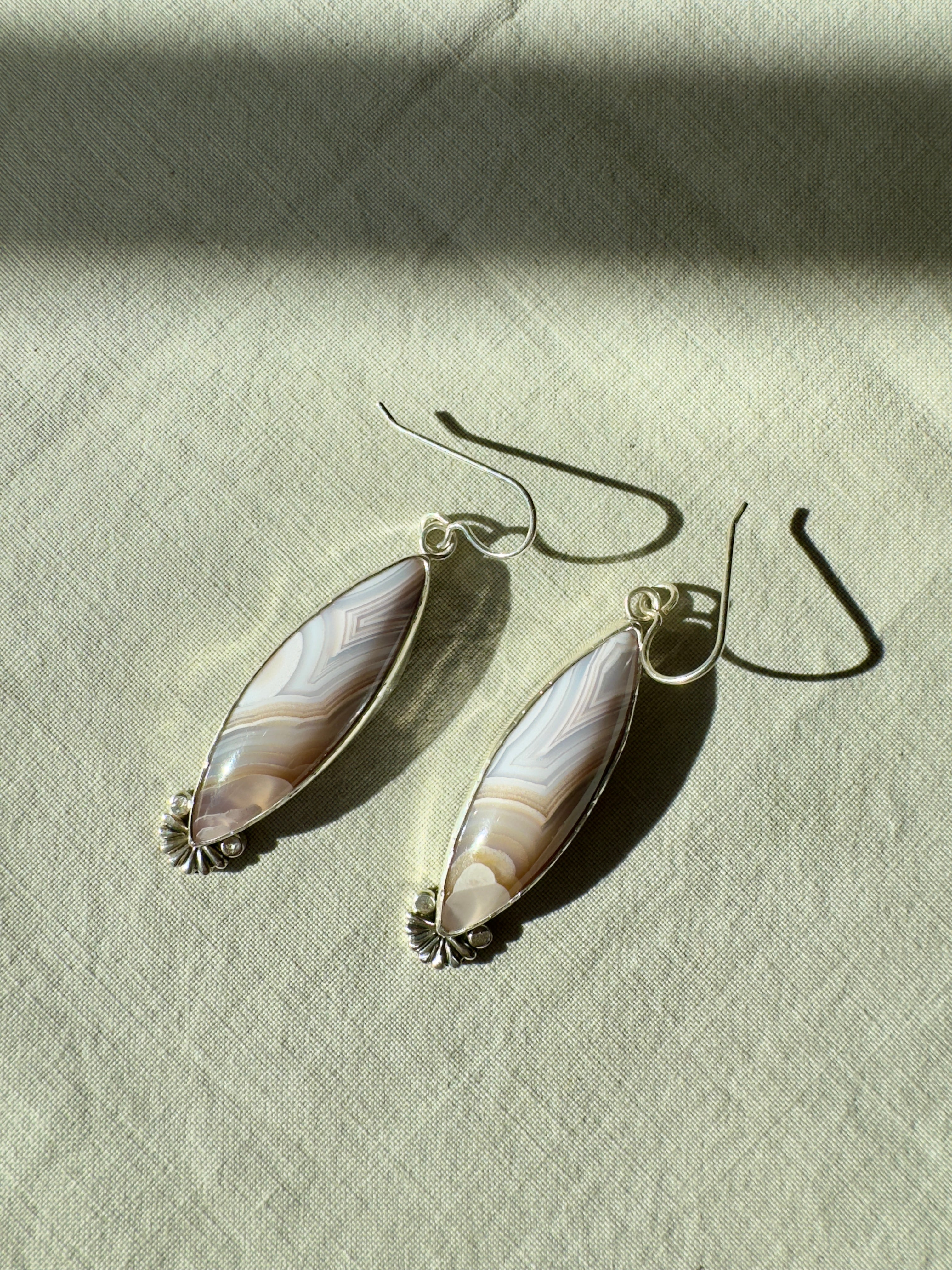 Pretty pastel pink dangly earrings. Agua Nueva on sterling silver. Handmade, one of a kind jewelry.