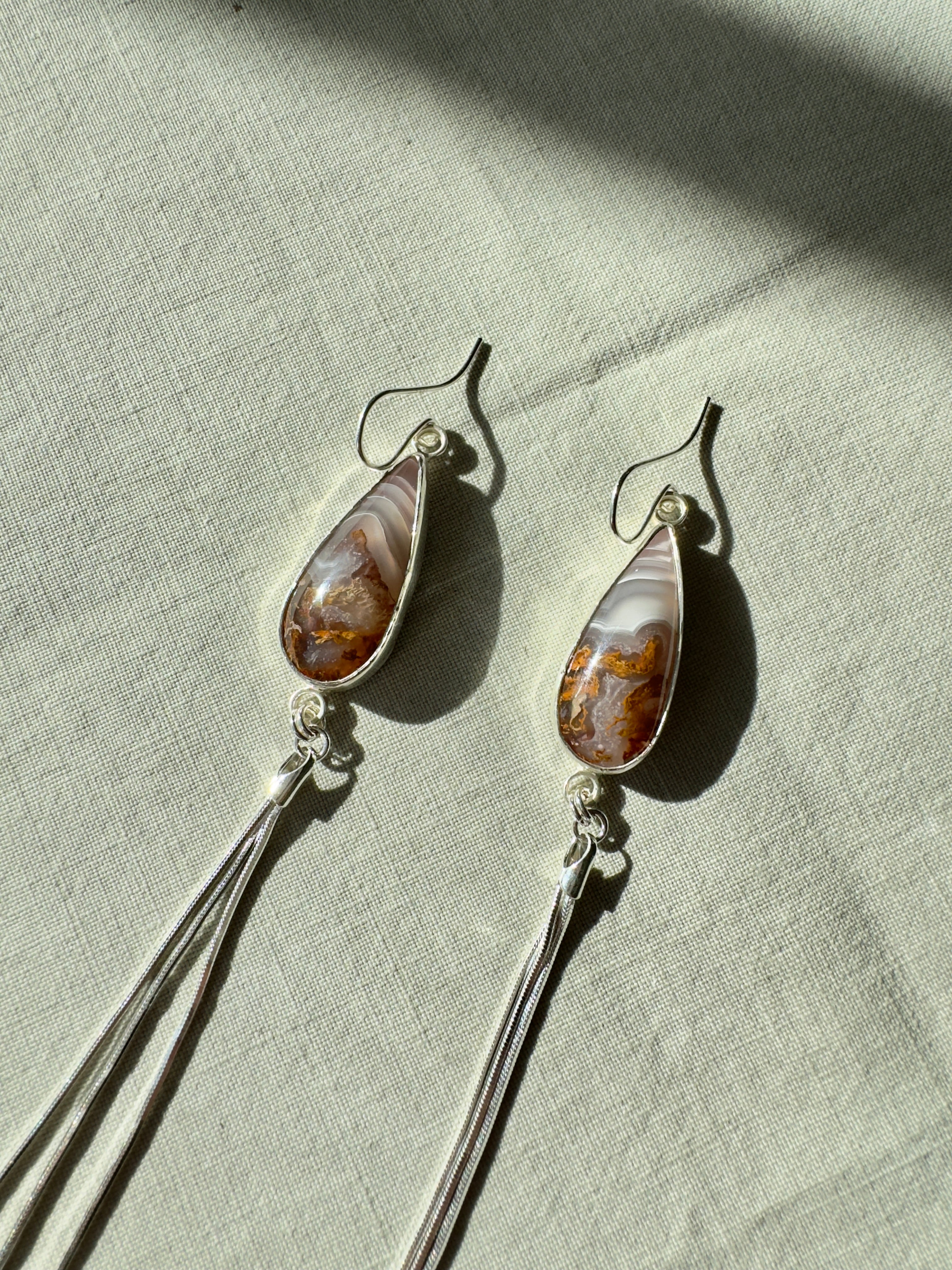 Lavender and Cinnamon striped agua nueva dangly earrings with fringe sterling silver snake chain to add movement. one of a kind, handmade earrings. boho chic jewelry