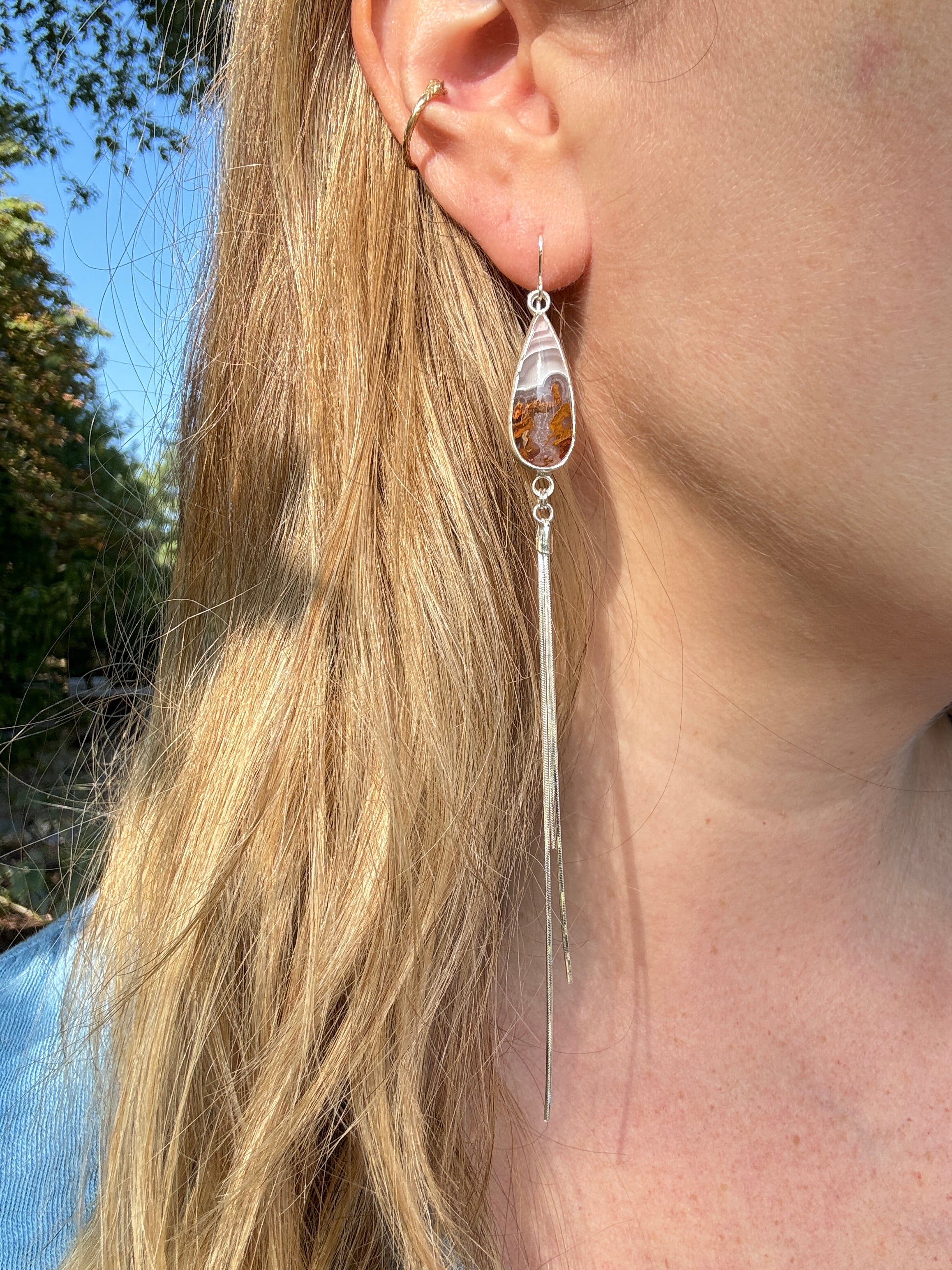Lavender and Cinnamon striped agua nueva dangly earrings with fringe sterling silver snake chain to add movement. one of a kind, handmade earrings. boho chic jewelry