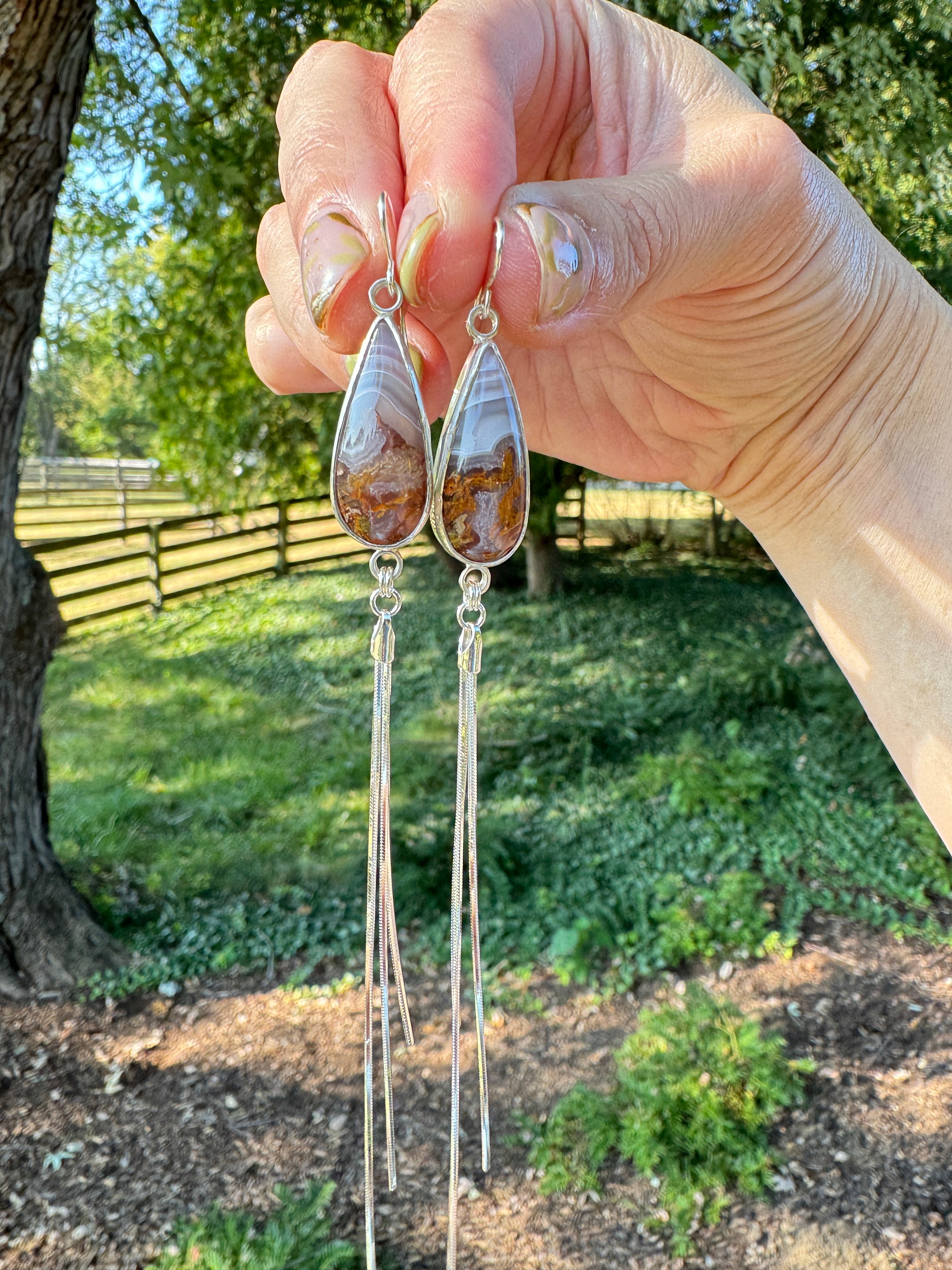 Lavender and Cinnamon striped agua nueva dangly earrings with fringe sterling silver snake chain to add movement. one of a kind, handmade earrings. boho chic jewelry