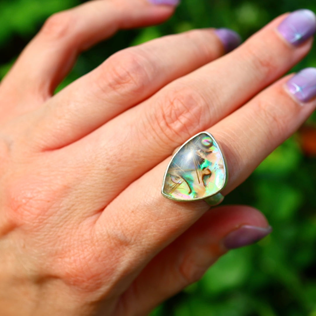 Rutile Quartz & New Zealand Abalone Ring | Iridsecent Rainbow Ring | Size 7.5