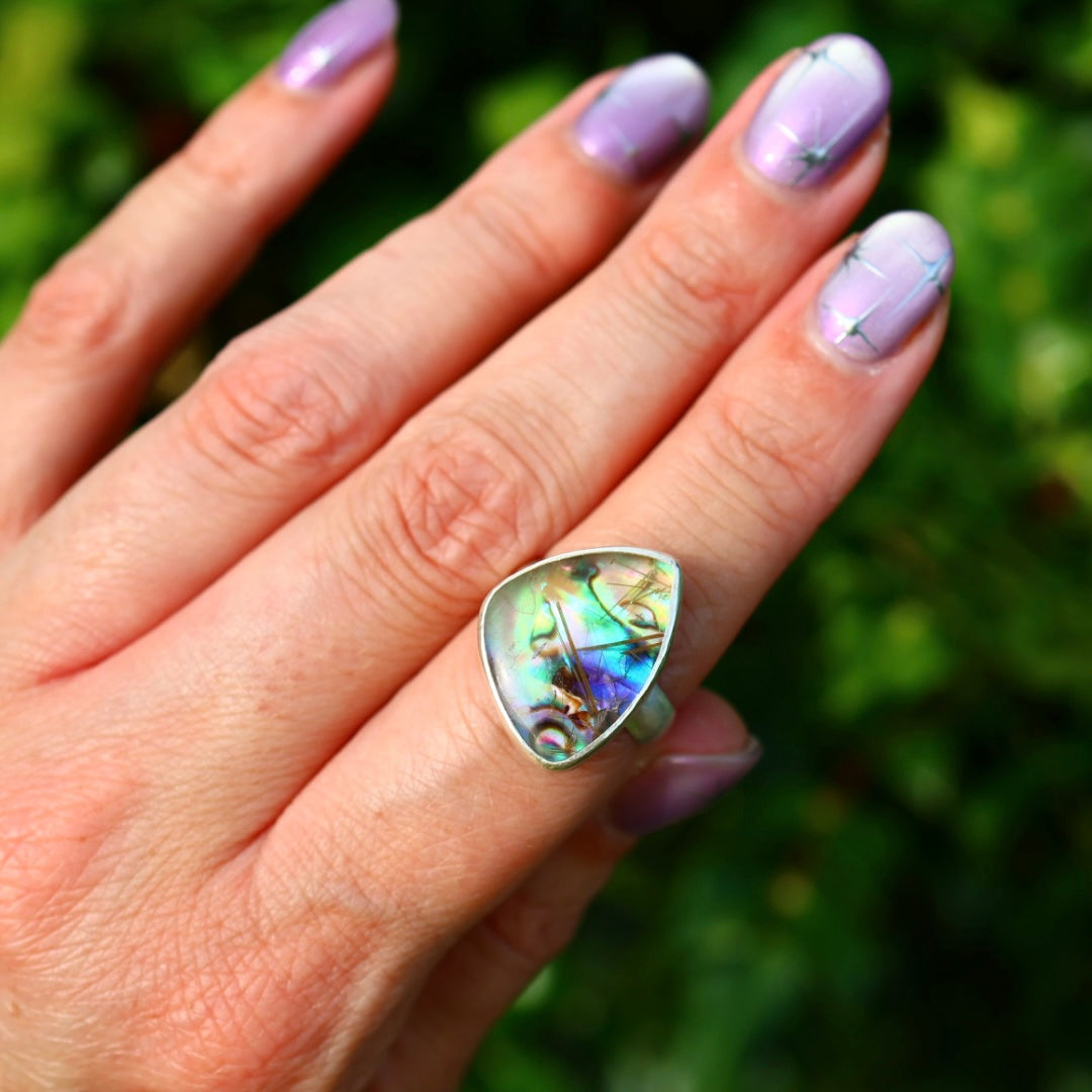 Rutile Quartz & New Zealand Abalone Ring | Iridsecent Rainbow Ring | Size 7.5