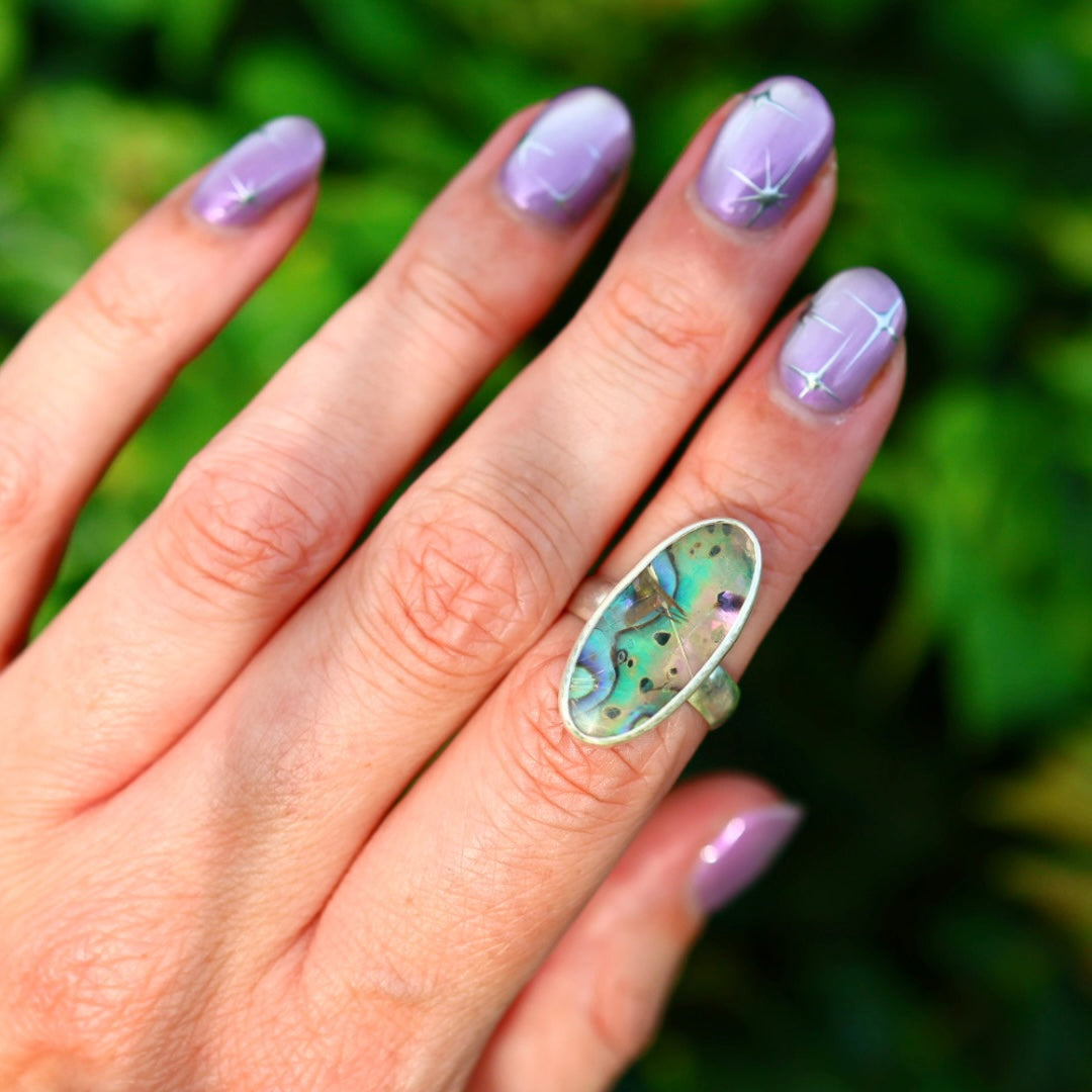 Rutile Quartz & New Zealand Abalone Ring | Iridsecent Rainbow Ring | Size 6.5