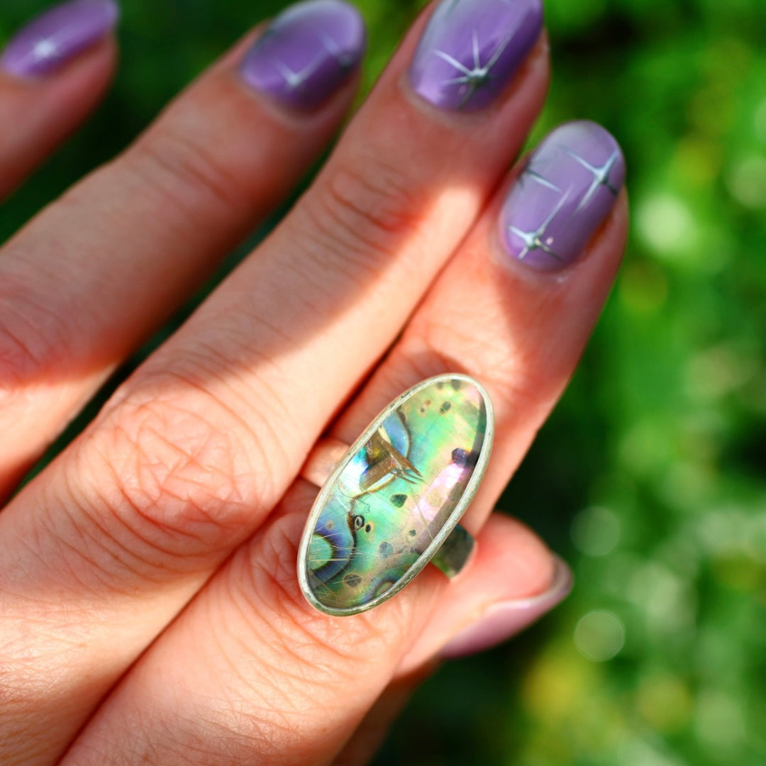 Rutile Quartz & New Zealand Abalone Ring | Iridsecent Rainbow Ring | Size 6.5