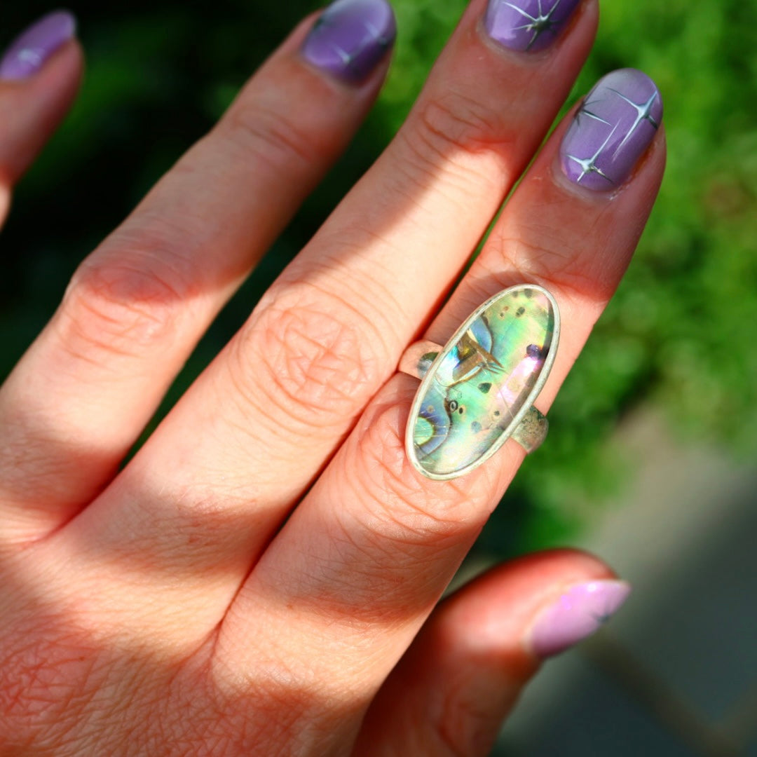 Rutile Quartz & New Zealand Abalone Ring | Iridsecent Rainbow Ring | Size 6.5
