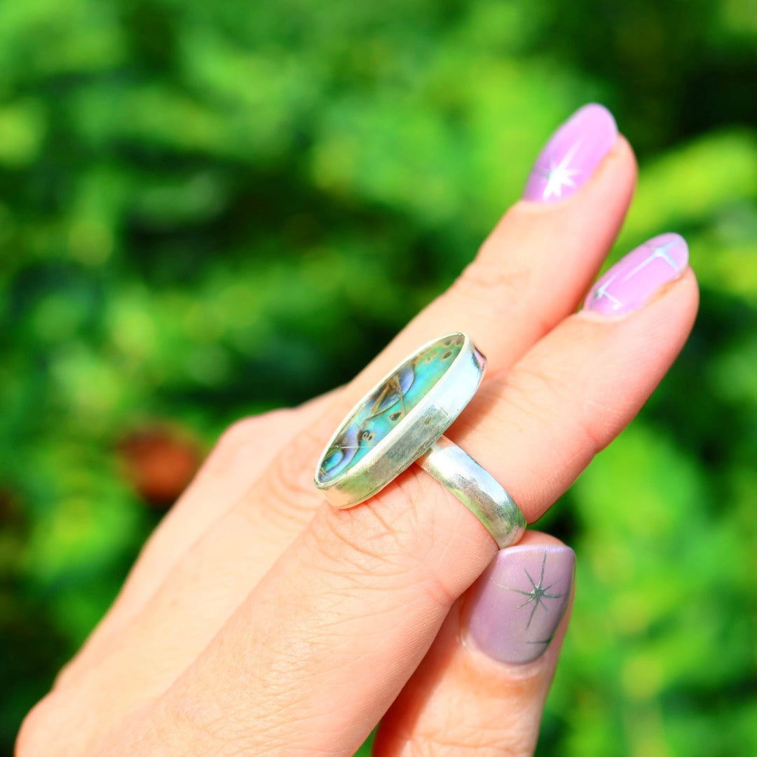 Rutile Quartz & New Zealand Abalone Ring | Iridsecent Rainbow Ring | Size 6.5