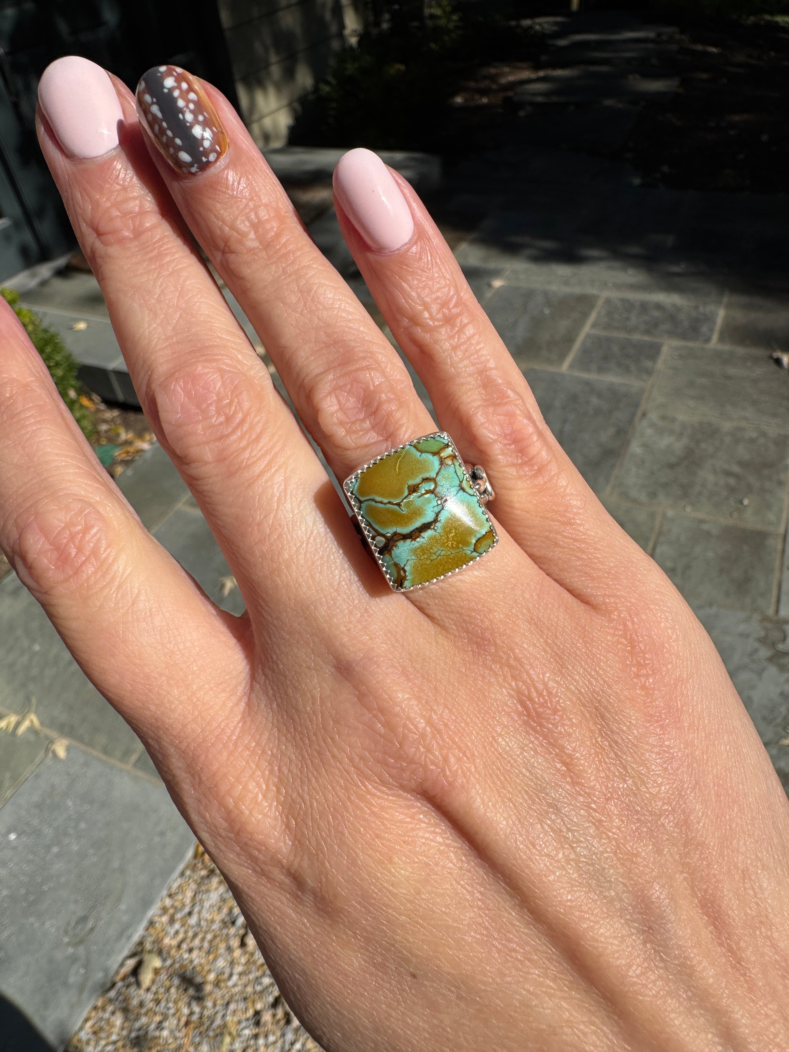 Americana ring. Southwest style turquoise with sterling silver snakes. Western rodeo cowboy style jewelry