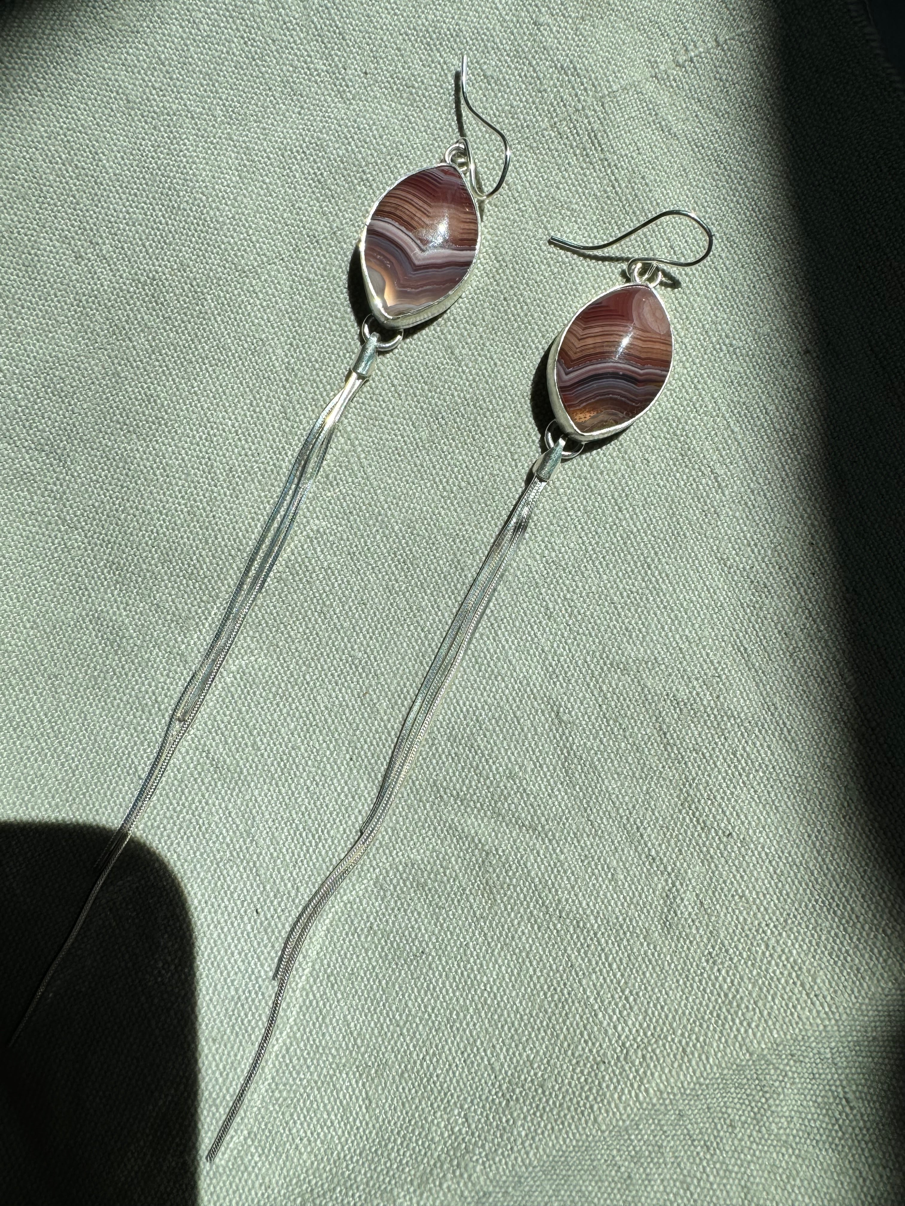 pink, purple and orange striped aqua nueva dangly earrings with fringe sterling silver snake chain to add movement. one of a kind, handmade earrings. boho chic jewelry