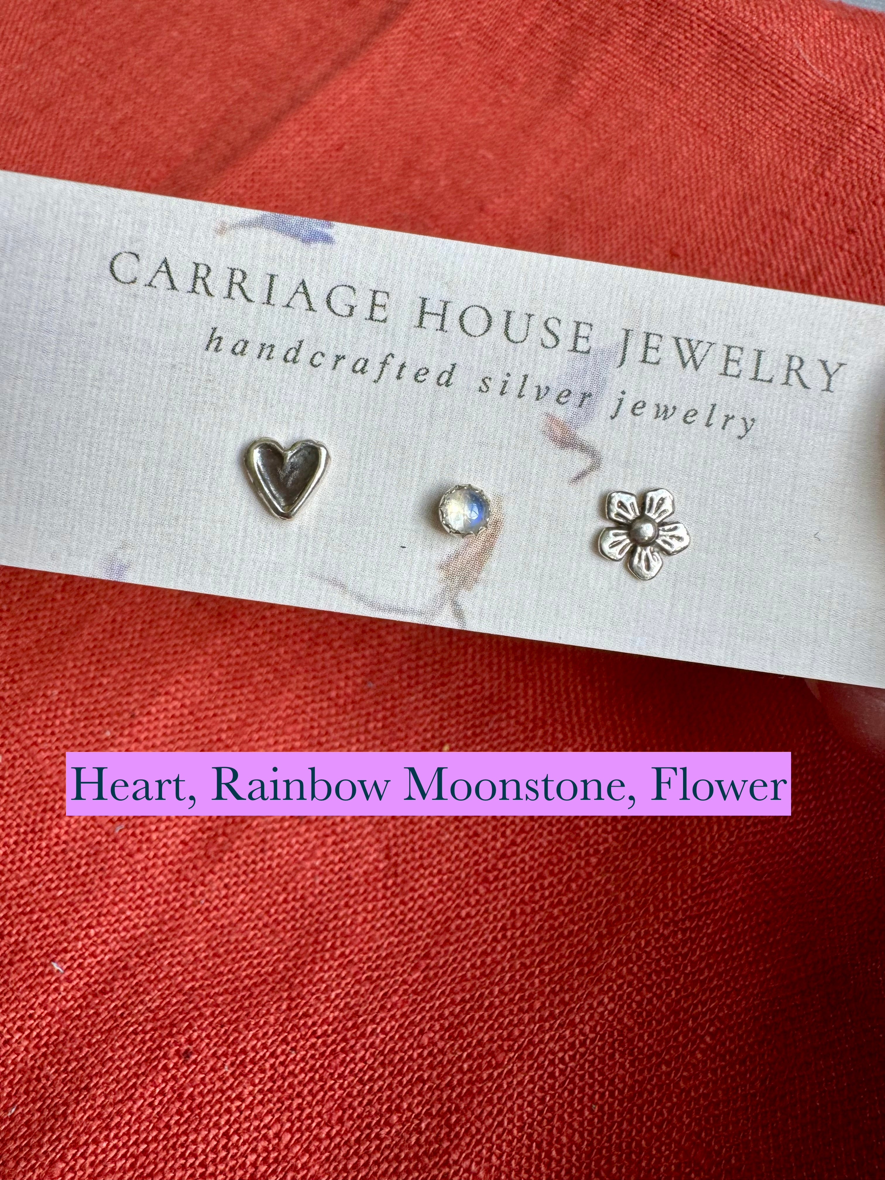 sterling silver heart and flower stud earrings with rainbow moonstone