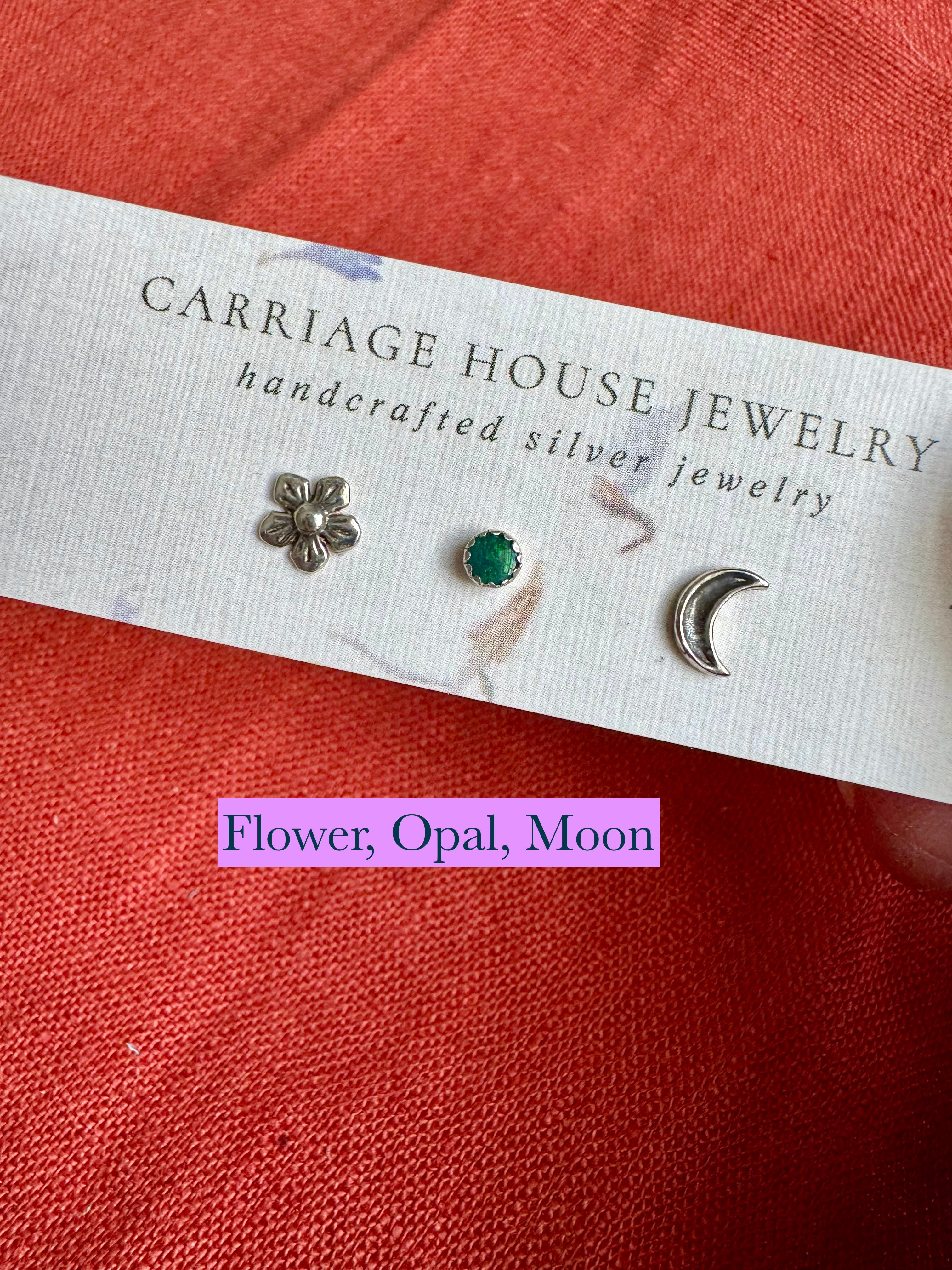 sterling silver flower and moon stud earrings with opal stud