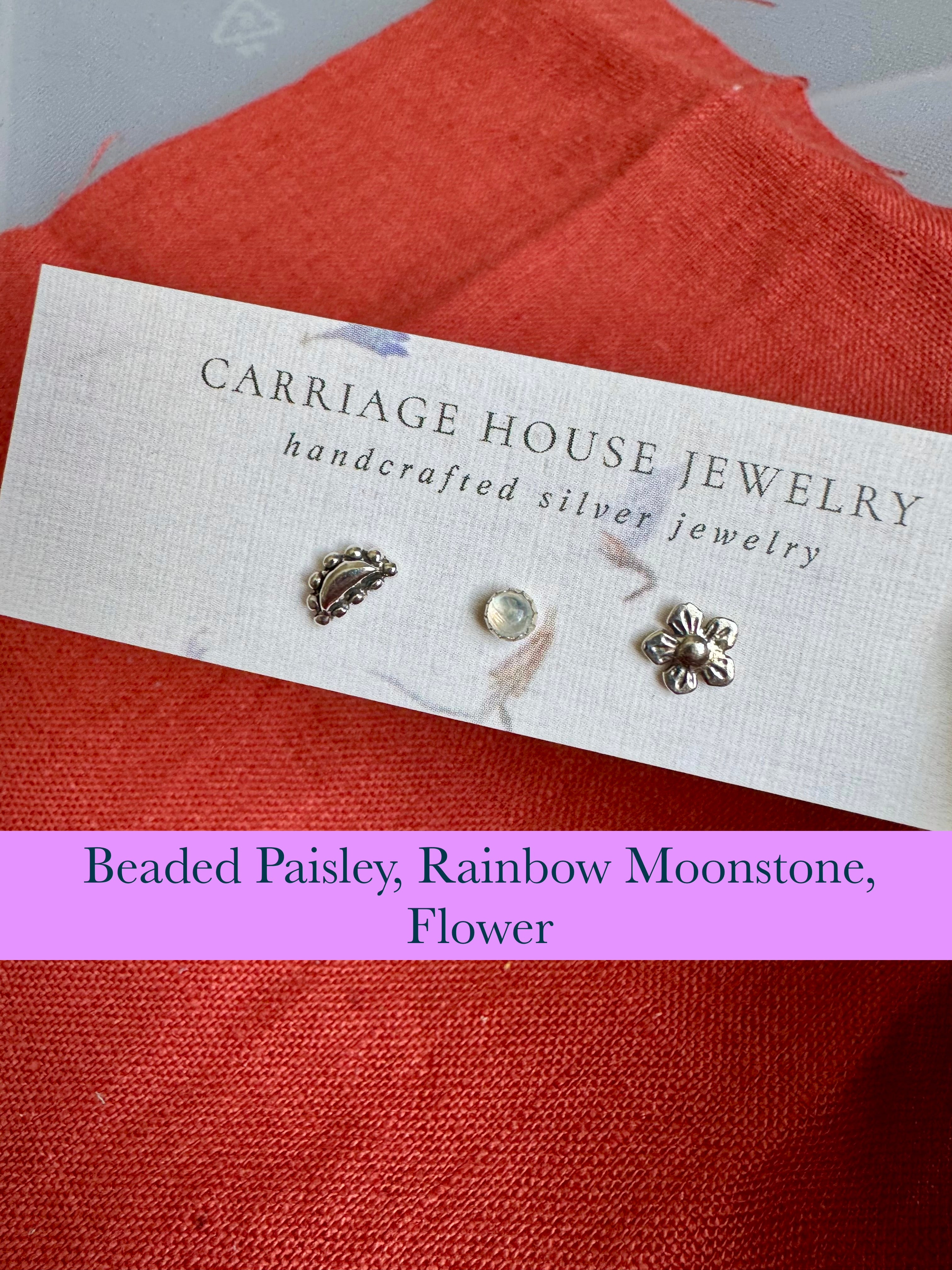 beaded paisley-style and flower sterling silver stud earrings with rainbow moonstone stud