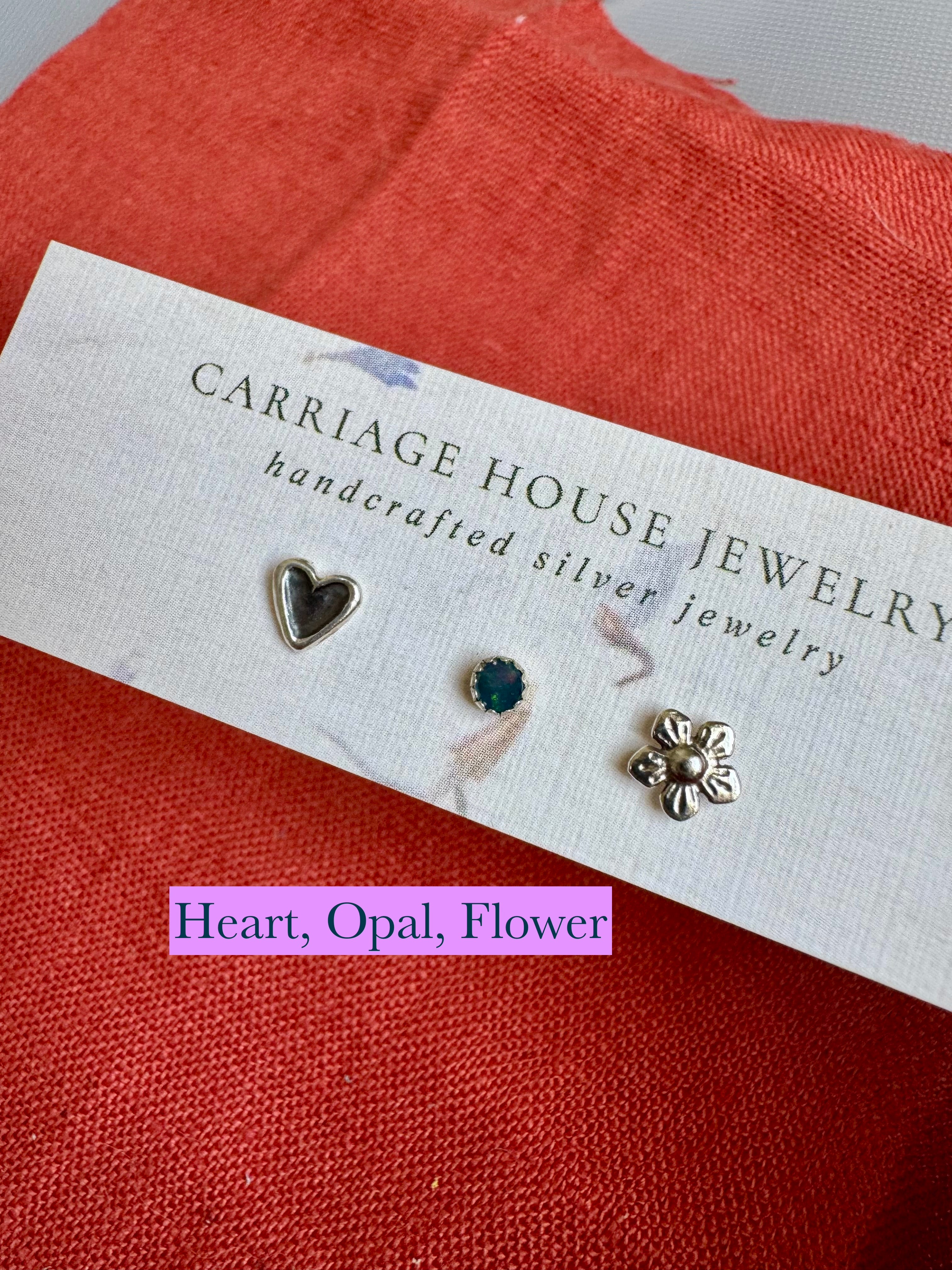 sterling silver heart and flower studs with opal stud earrings
