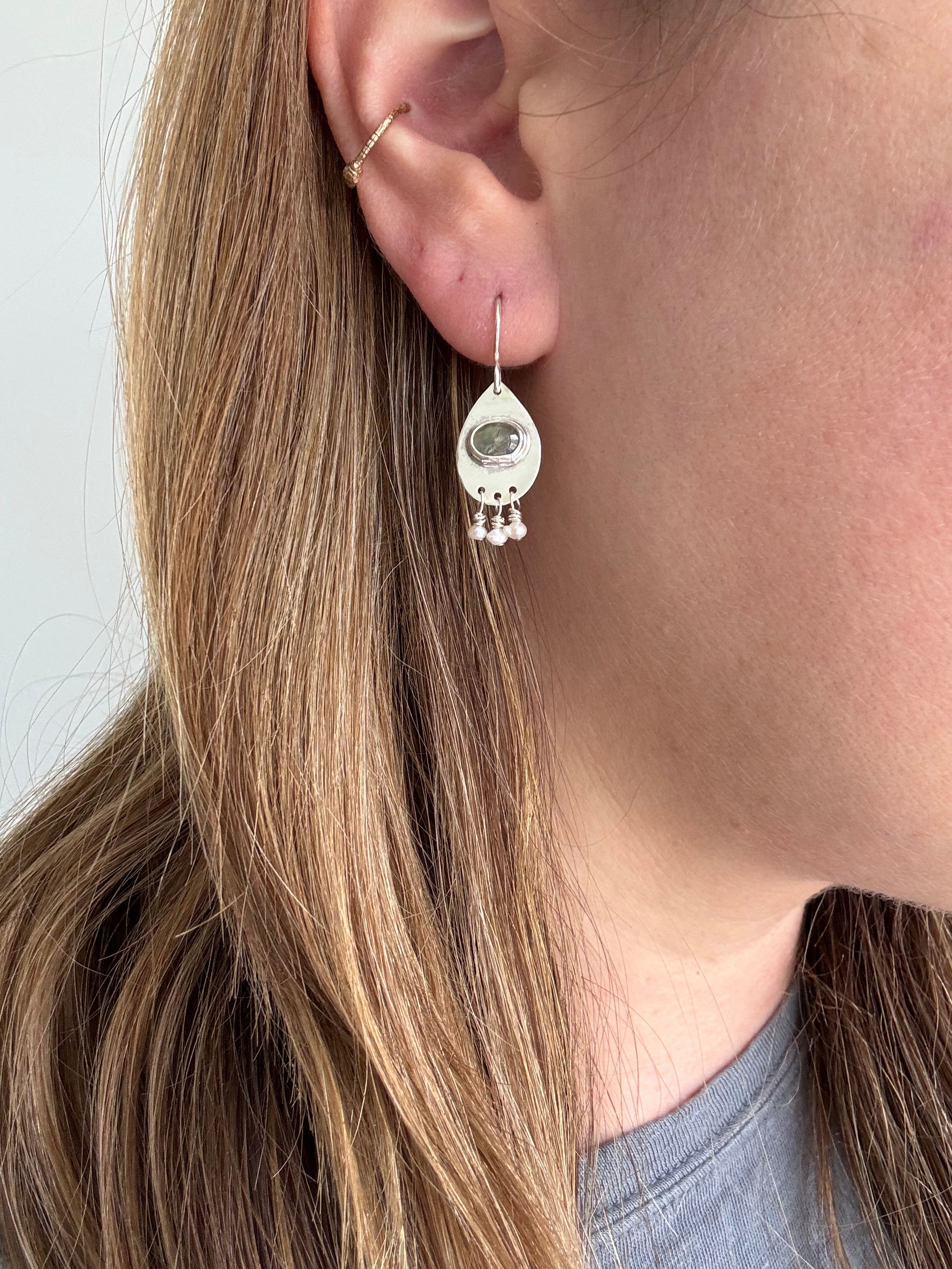 prehnite and seed pearls with sterling silver earrings