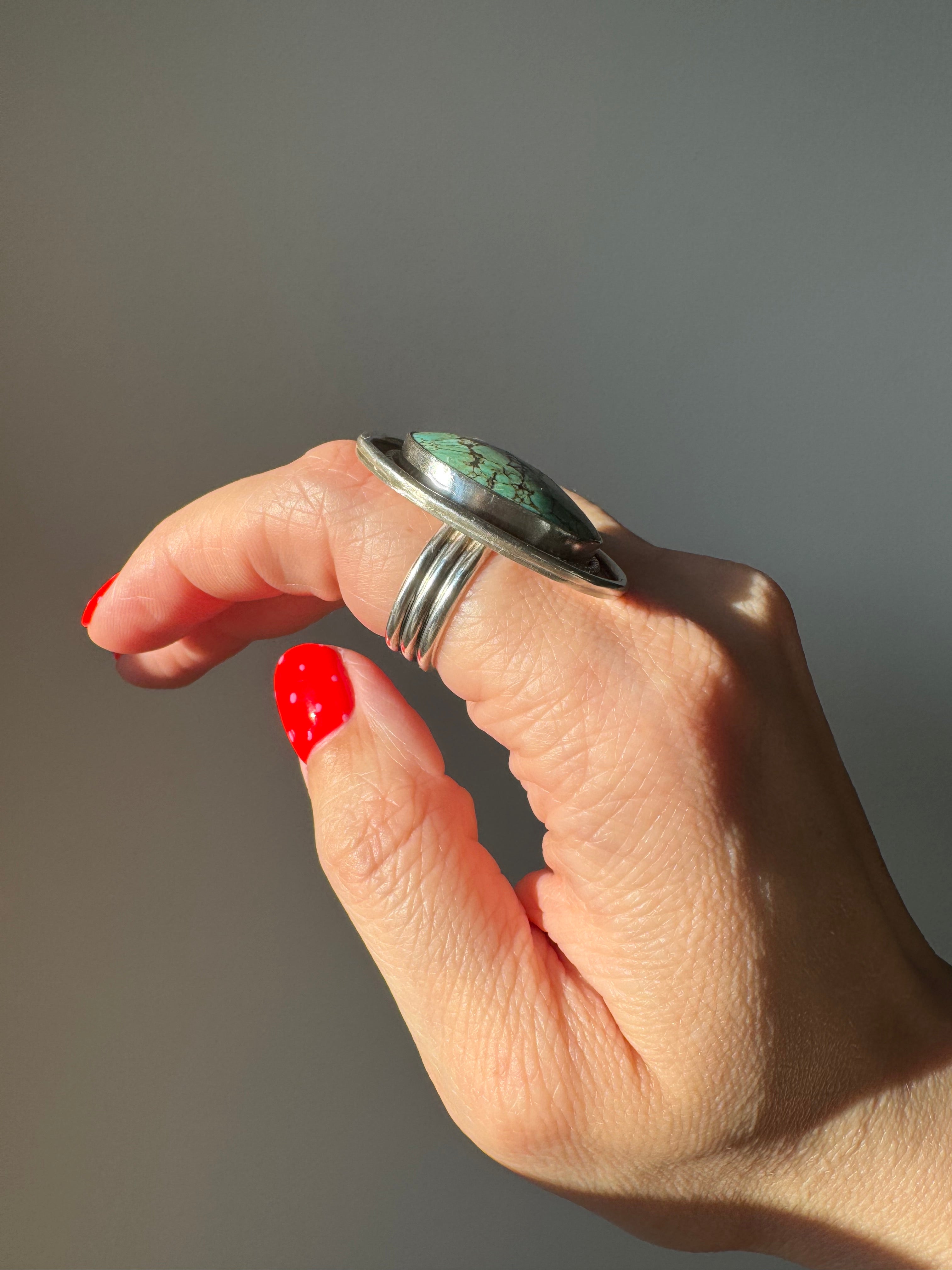 Turquoise Statement Ring in Sterling Silver | Decorative Sterling Border — Ready to Ship, One of a Kind