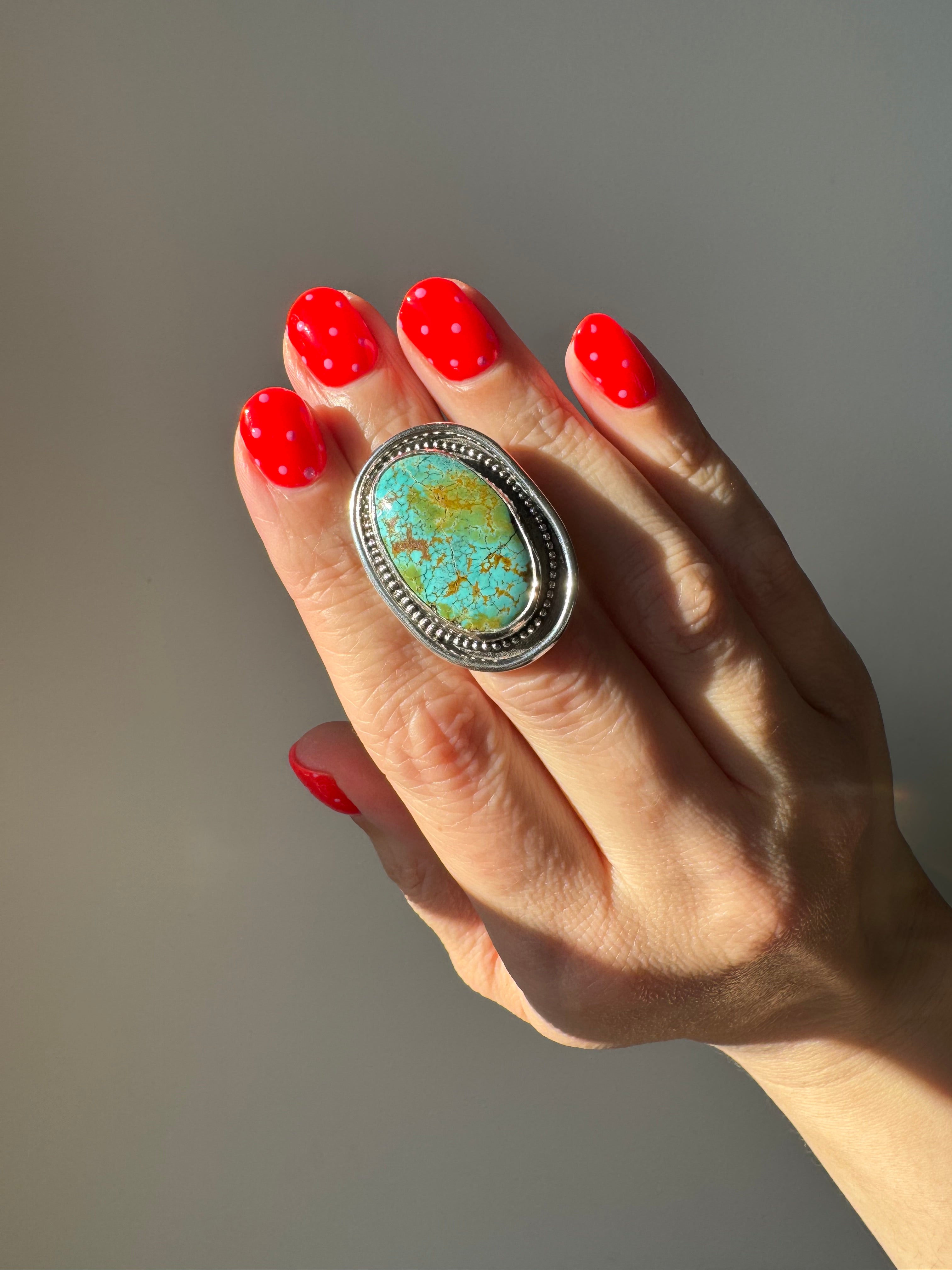 Turquoise Statement Ring in Sterling Silver | Decorative Sterling Border — Size 5, One of a Kind