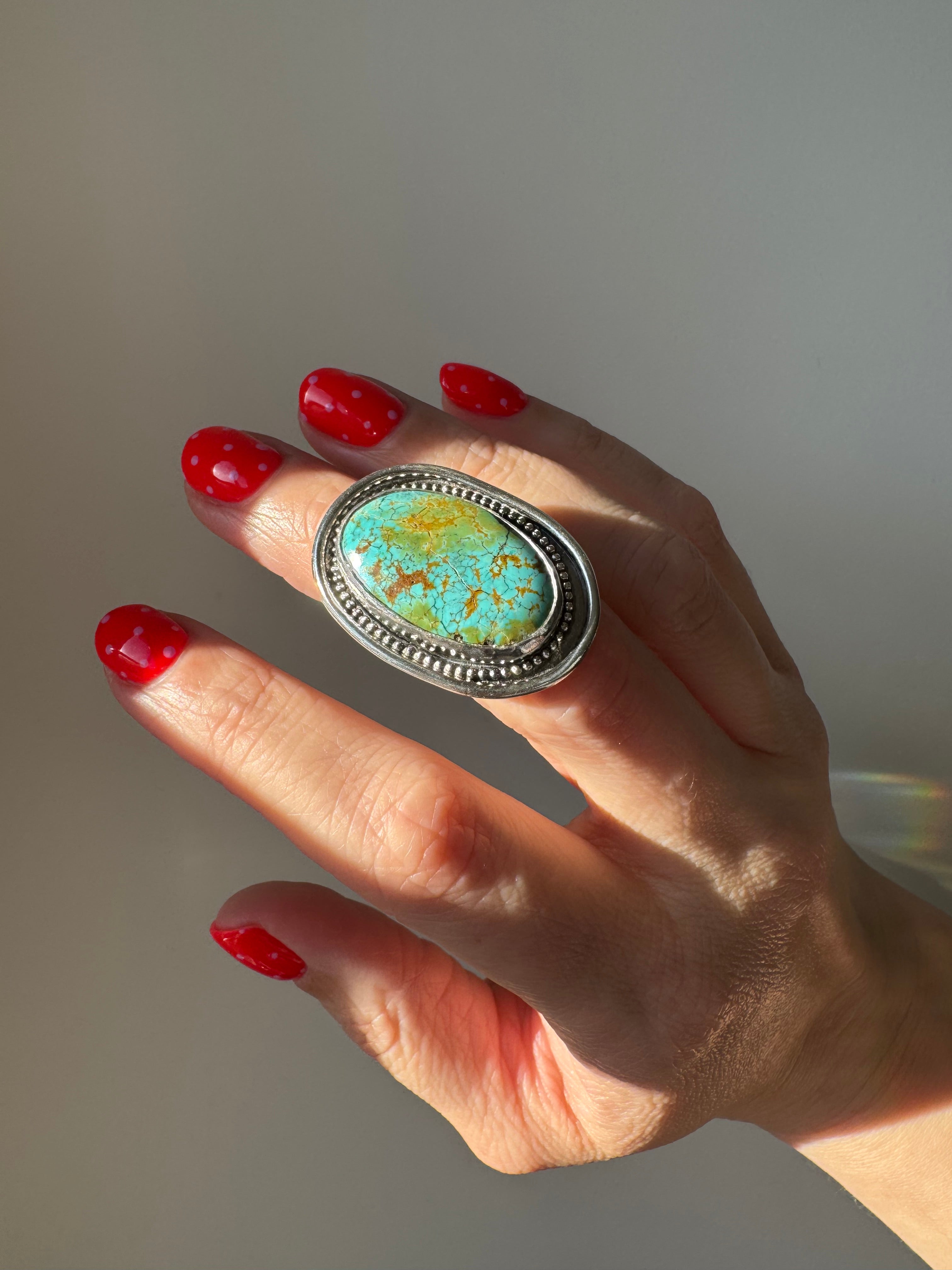 Turquoise Statement Ring in Sterling Silver | Decorative Sterling Border — Size 5, One of a Kind