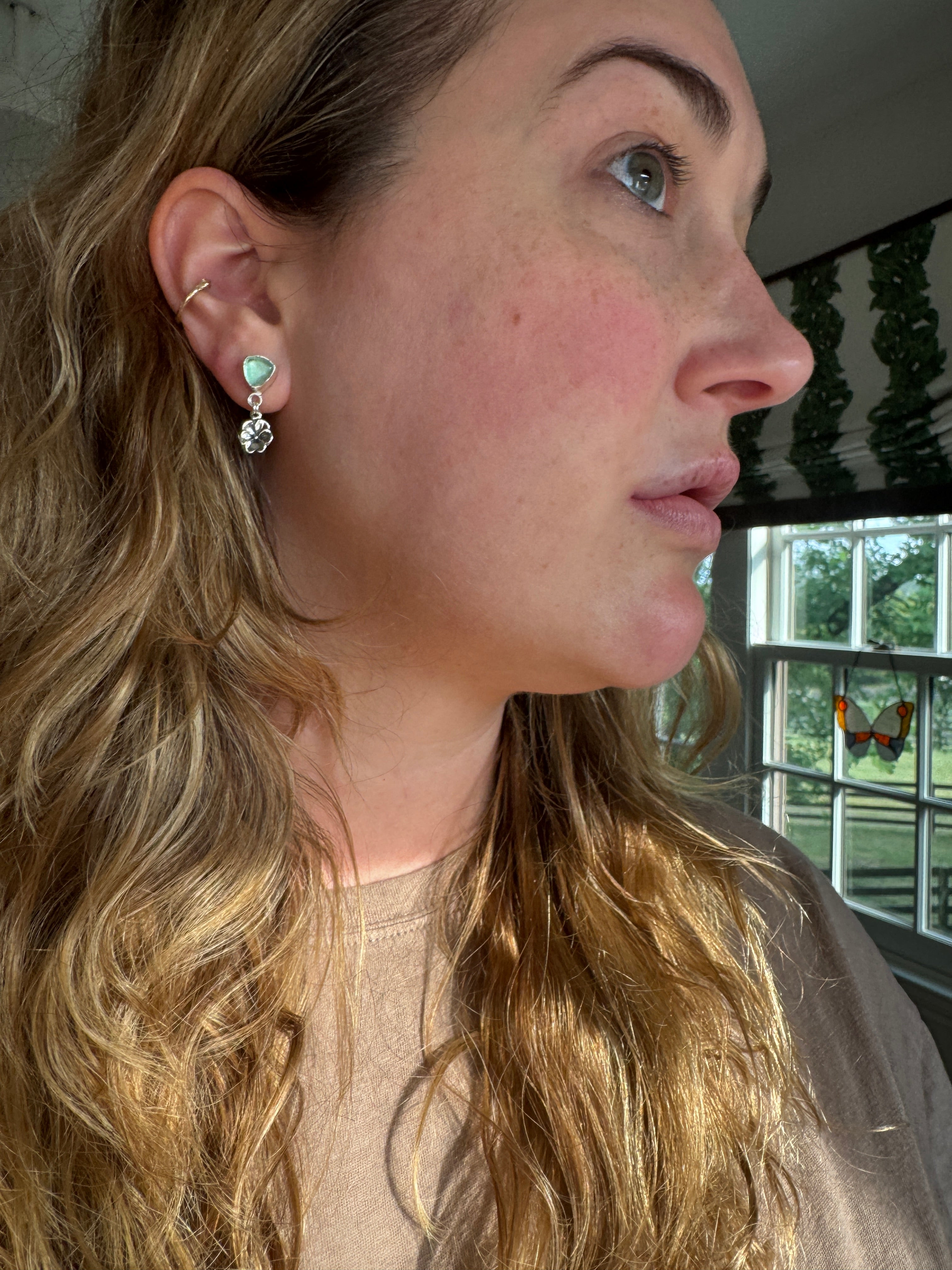 Green tourmaline earrings with sterling silver pansies
