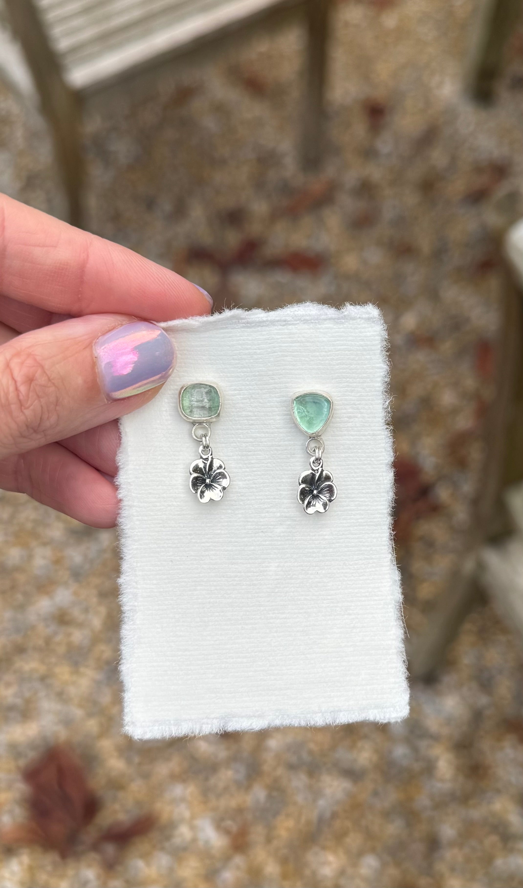 Green tourmaline earrings with sterling silver pansies