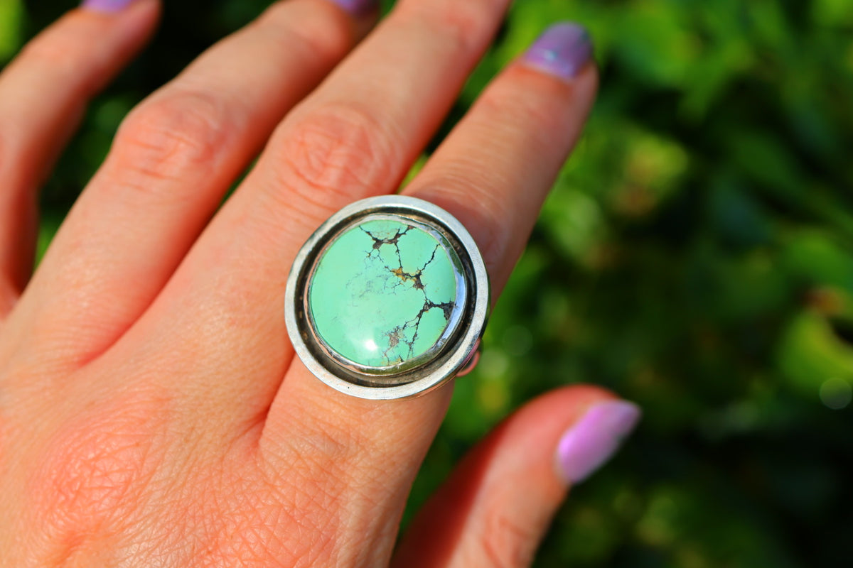 Turquoise Banded Ring | Sterling Silver Border, Size 8