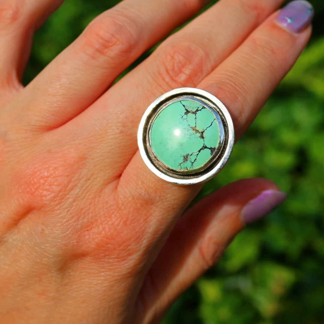Turquoise Banded Ring | Sterling Silver Border, Size 8
