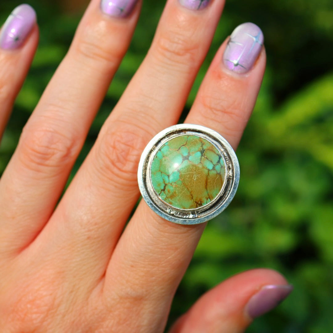 Turquoise Banded Ring | Sterling Silver Border, Size 6.5