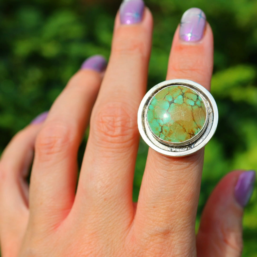 Turquoise Banded Ring | Sterling Silver Border, Size 6.5