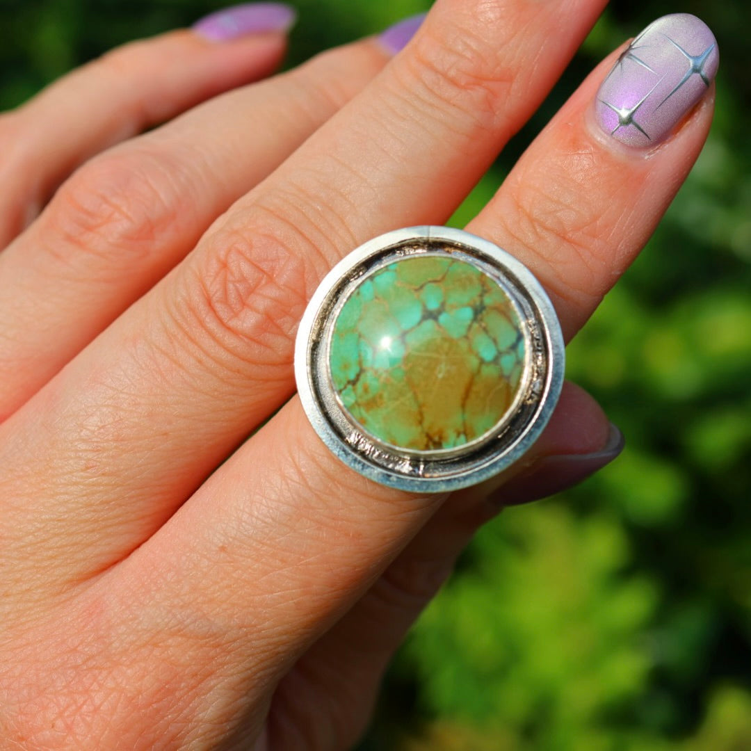 Turquoise Banded Ring | Sterling Silver Border, Size 6.5