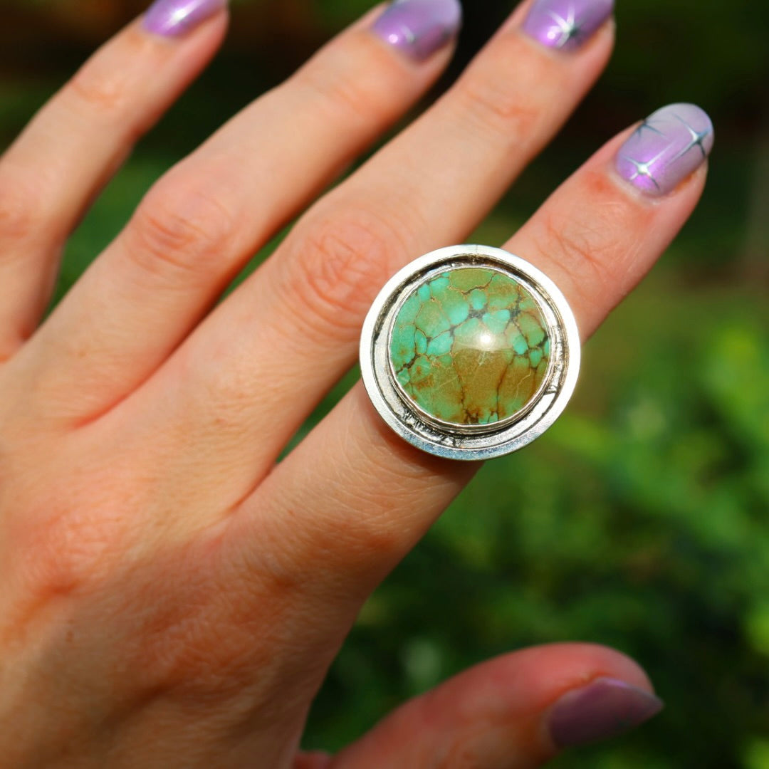 Turquoise Banded Ring | Sterling Silver Border, Size 6.5