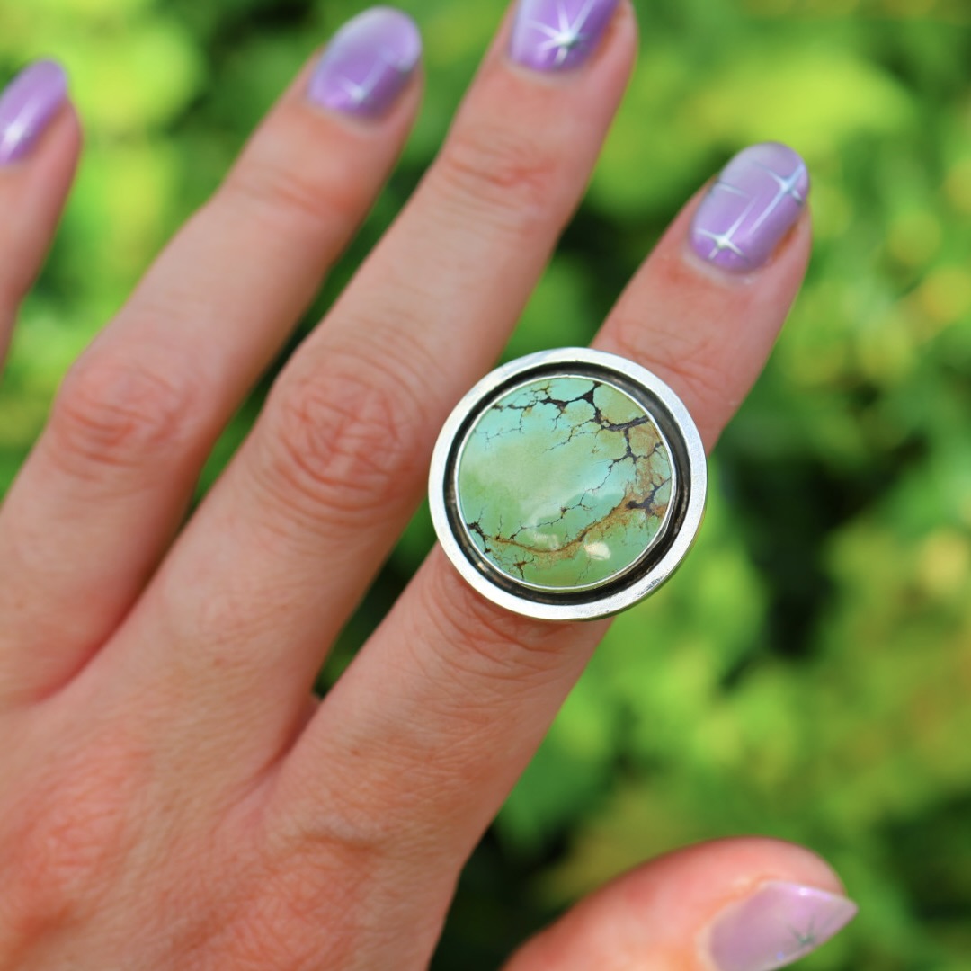 Turquoise Banded Ring | Sterling Silver Border, Size 6