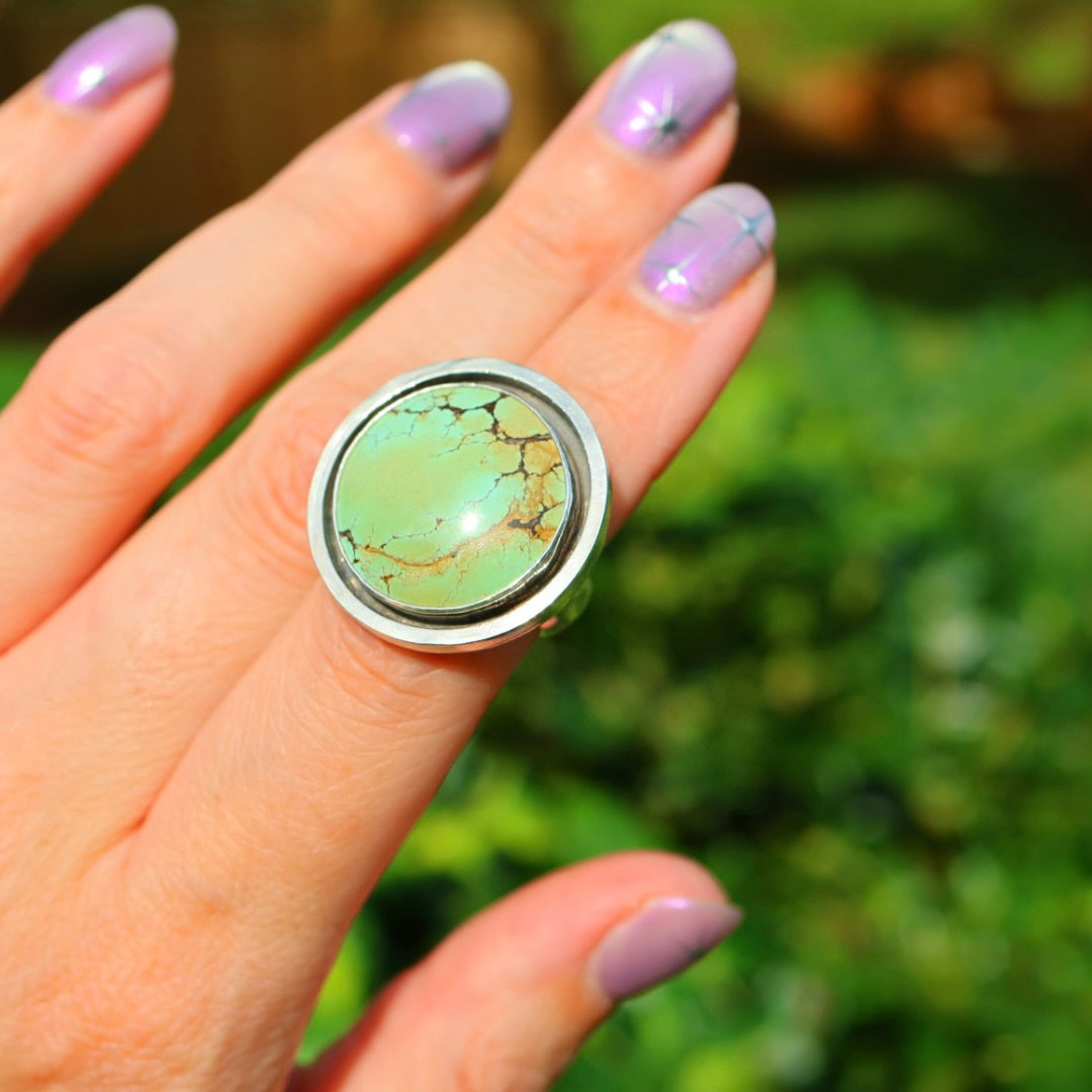 Turquoise Banded Ring | Sterling Silver Border, Size 6