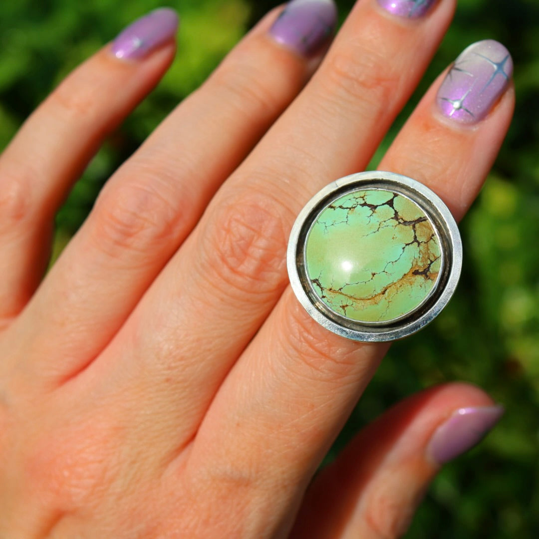 Turquoise Banded Ring | Sterling Silver Border, Size 6