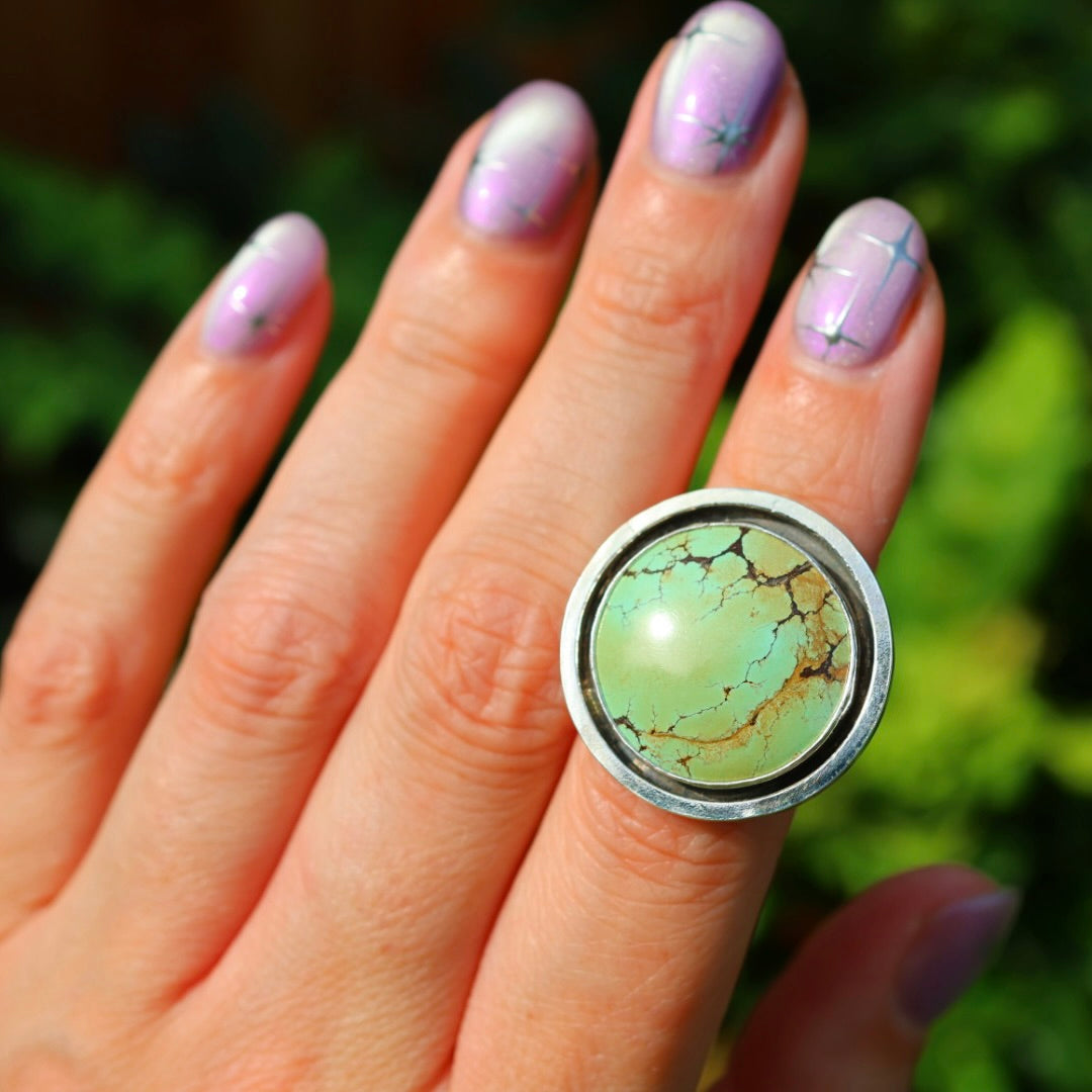 Turquoise Banded Ring | Sterling Silver Border, Size 6