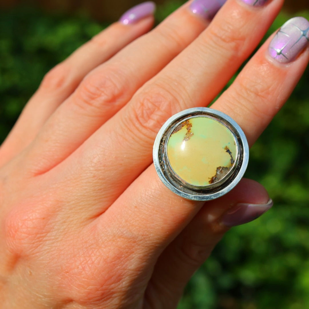 Turquoise Banded Ring | Sterling Silver Border, Size 7.5