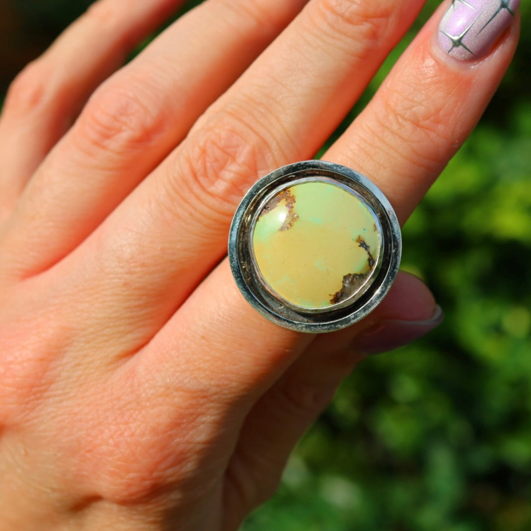 Turquoise Banded Ring | Sterling Silver Border, Size 7.5
