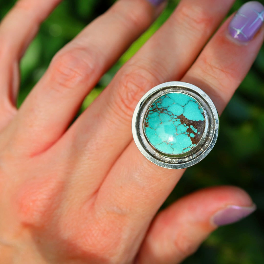 Turquoise Banded Ring | Sterling Silver Border, Size 7