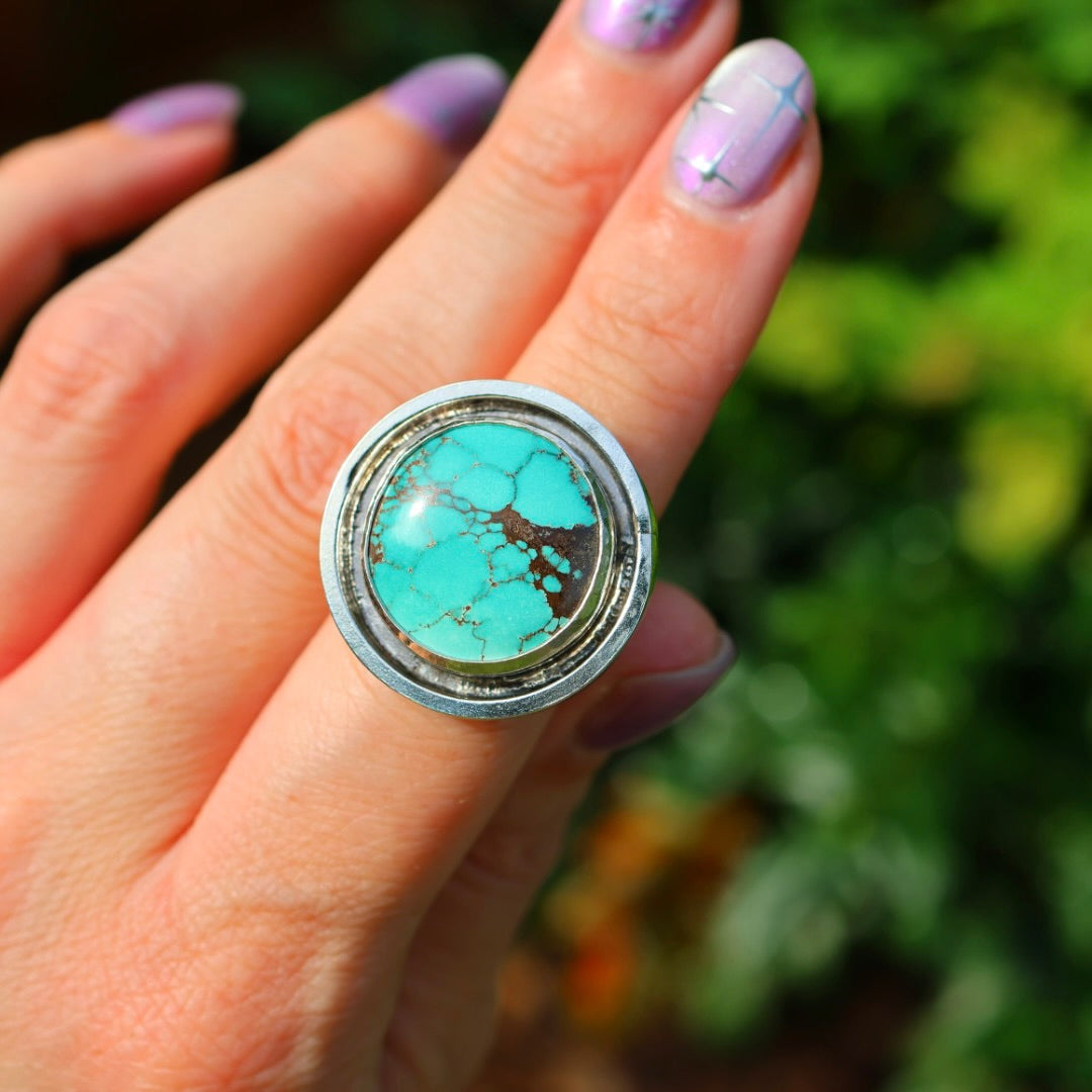 Turquoise Banded Ring | Sterling Silver Border, Size 7