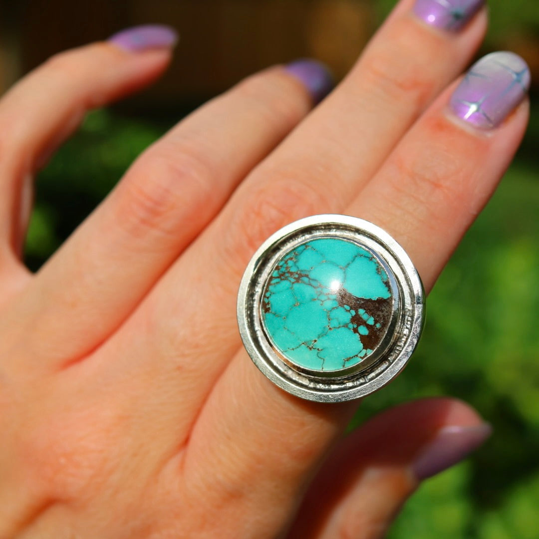 Turquoise Banded Ring | Sterling Silver Border, Size 7