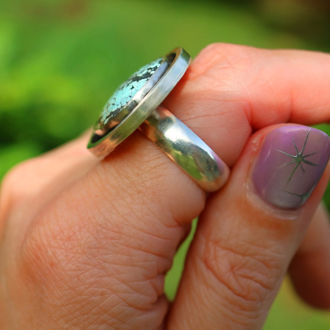 Turquoise Banded Ring | Sterling Silver Border, Size 8