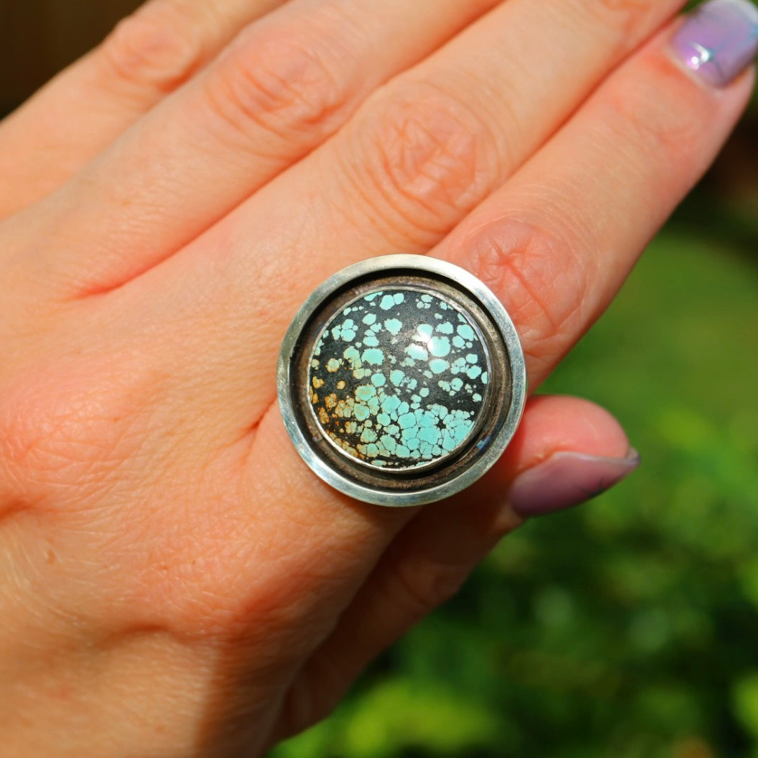 Turquoise Banded Ring | Sterling Silver Border, Size 8