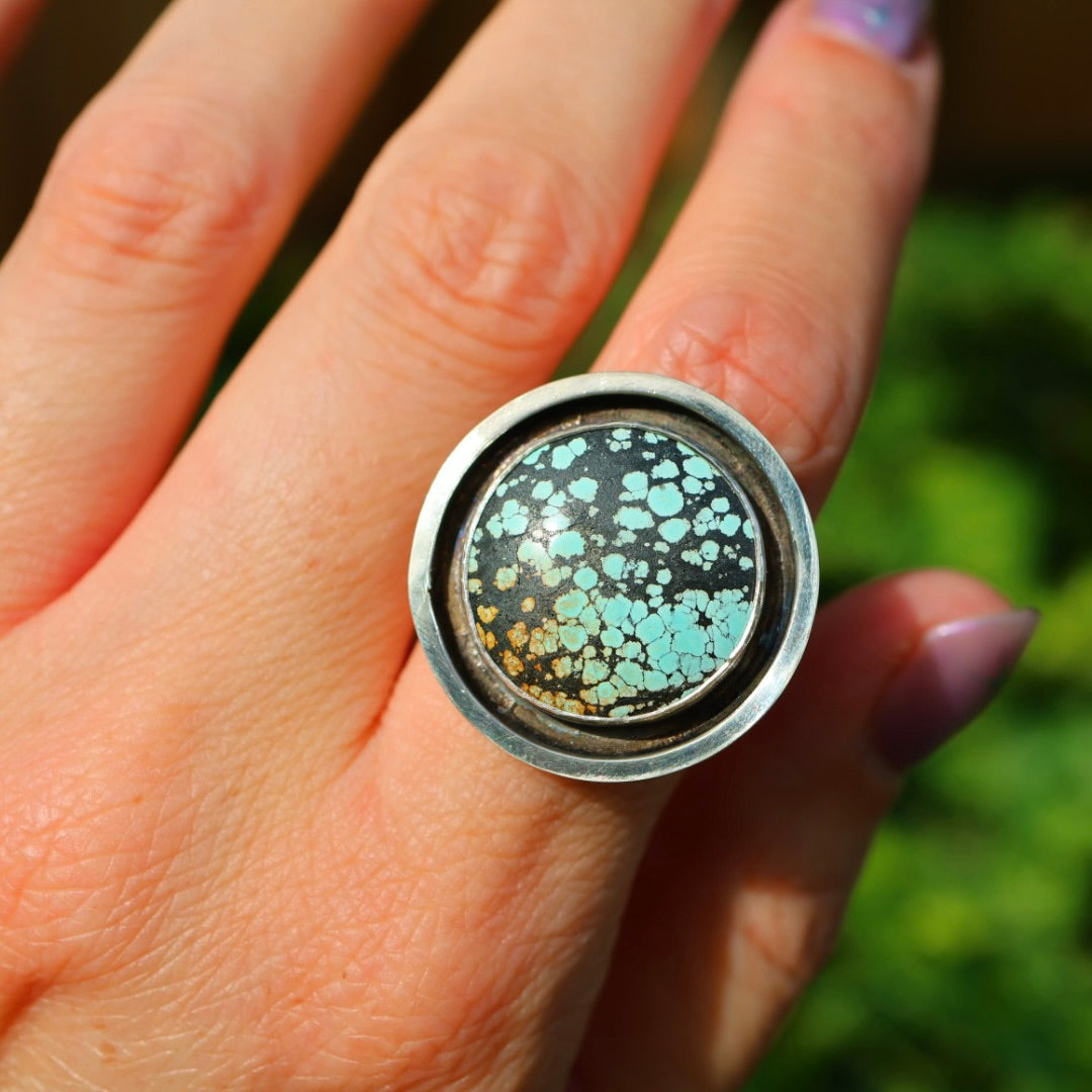 Turquoise Banded Ring | Sterling Silver Border, Size 8