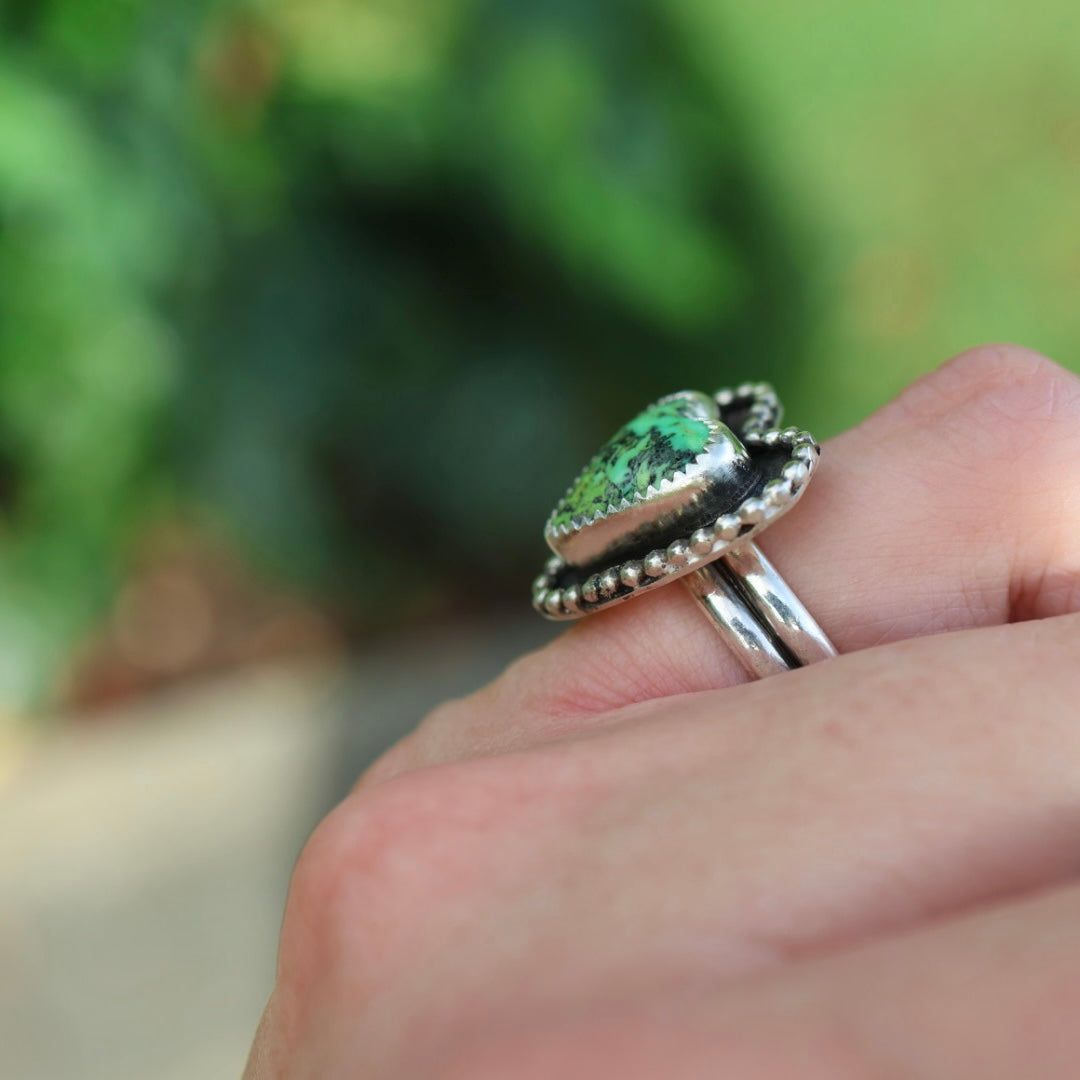 Turquoise Beaded Heart Ring | Green Yungai Ring | Size 5.75