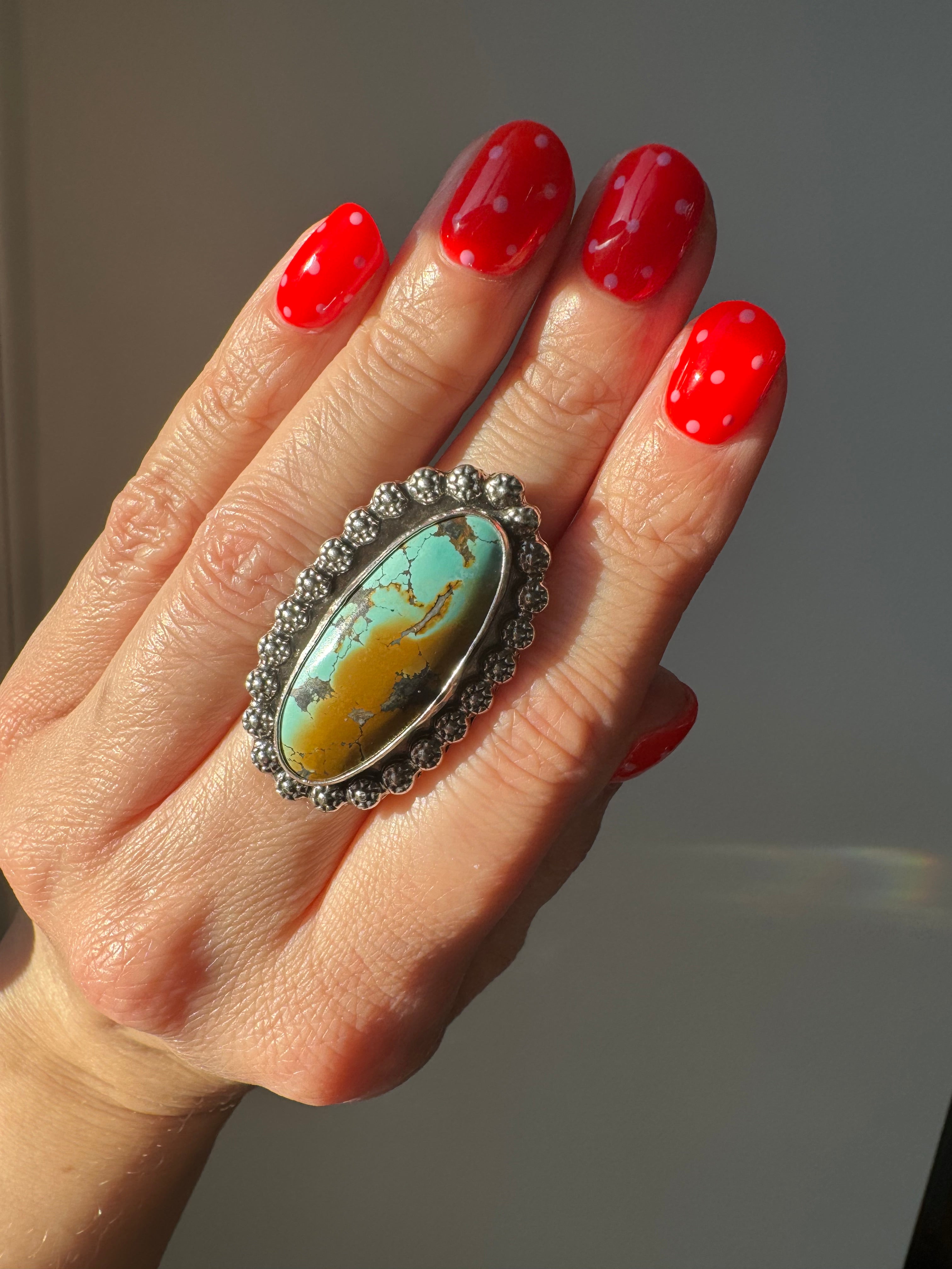 Turquoise Surfboard Ring in Sterling Silver | Berry Wire Border — Ready to Ship, One of a Kind