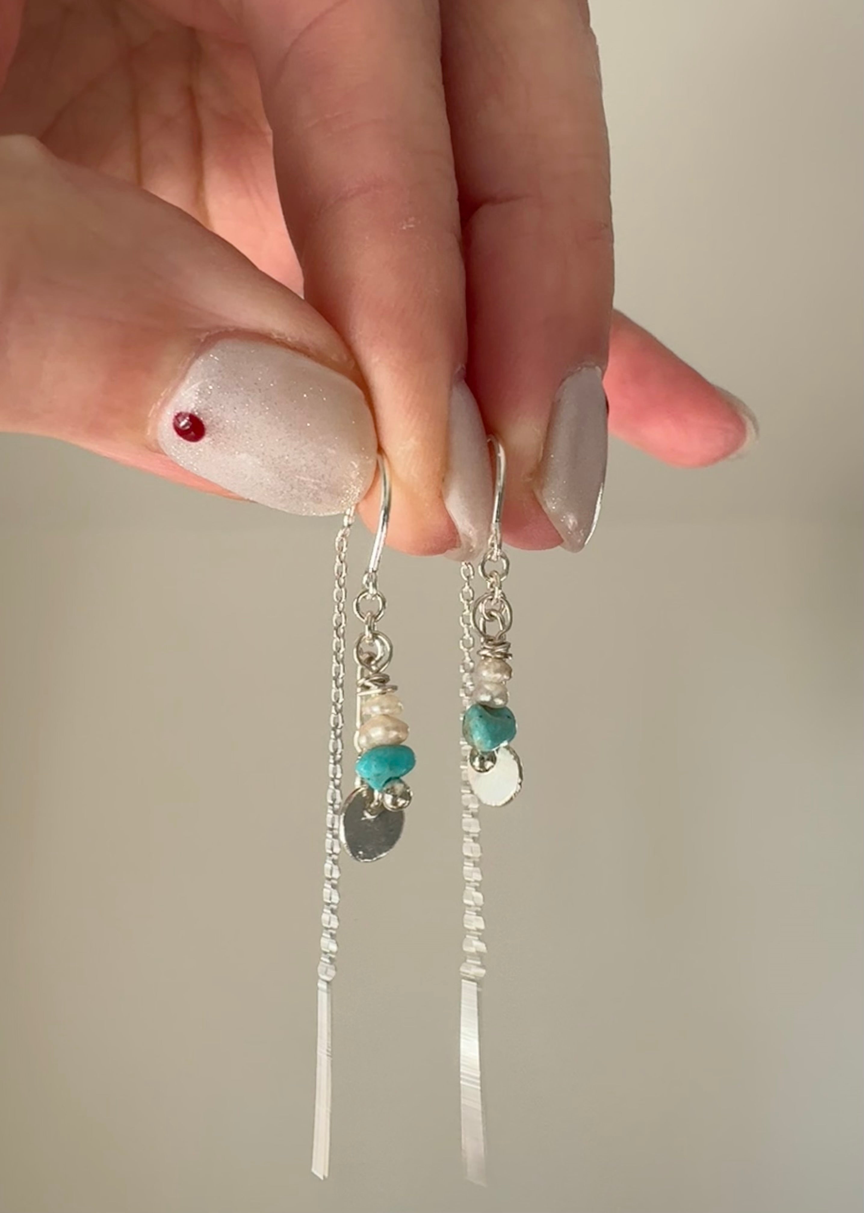 turquoise and pearl beads with hand forged sterling silver charms on sterling silver ear threaders