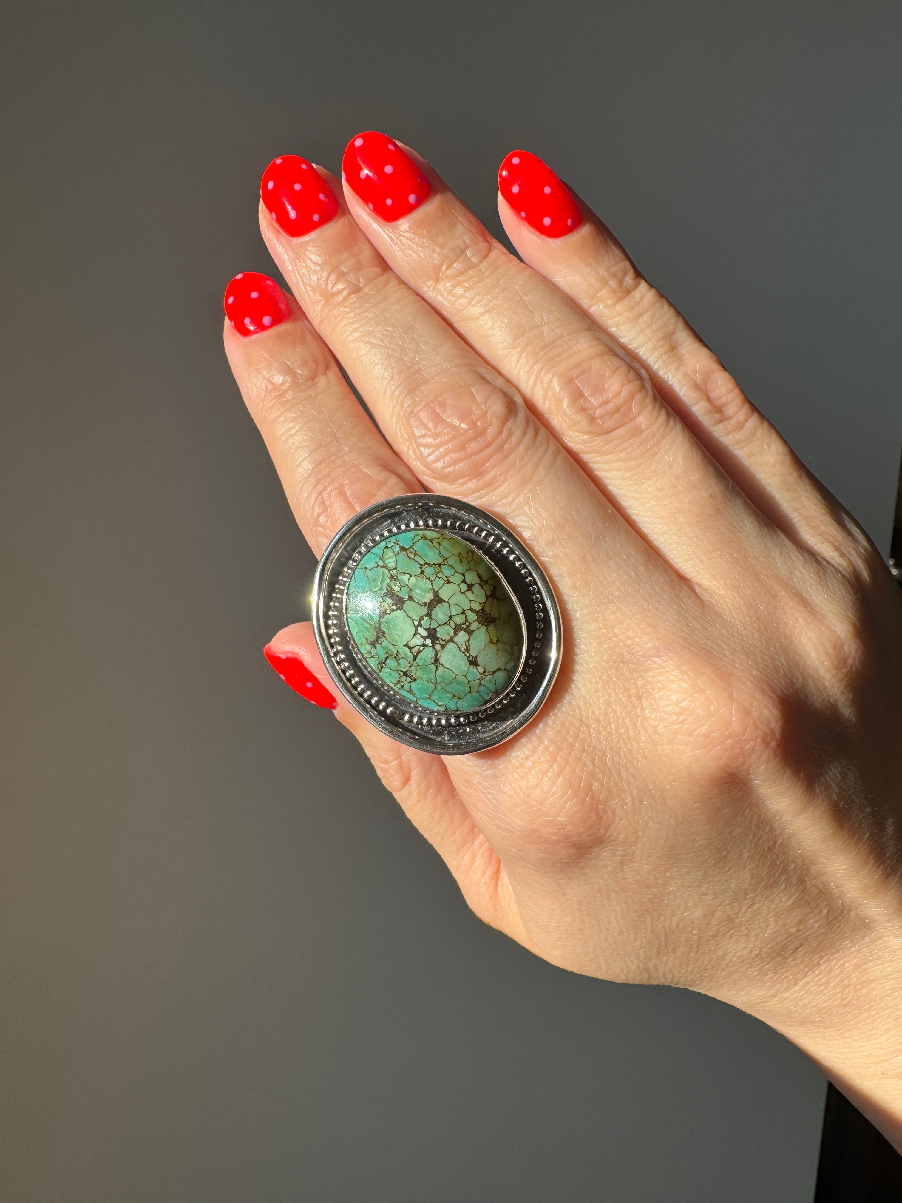 Turquoise Statement Ring in Sterling Silver | Decorative Sterling Border — Ready to Ship, One of a Kind