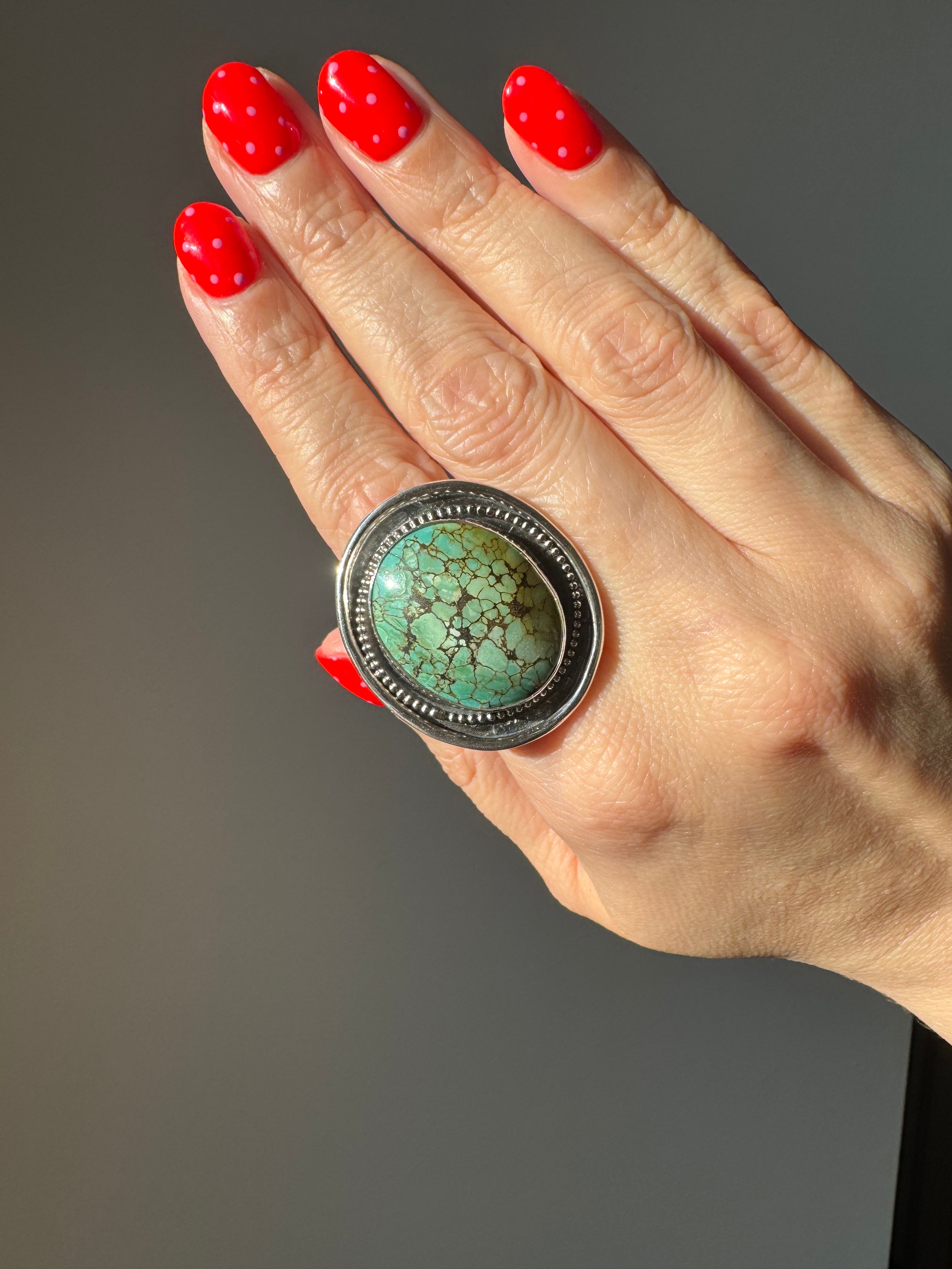 Turquoise Statement Ring in Sterling Silver | Decorative Sterling Border — Ready to Ship, One of a Kind