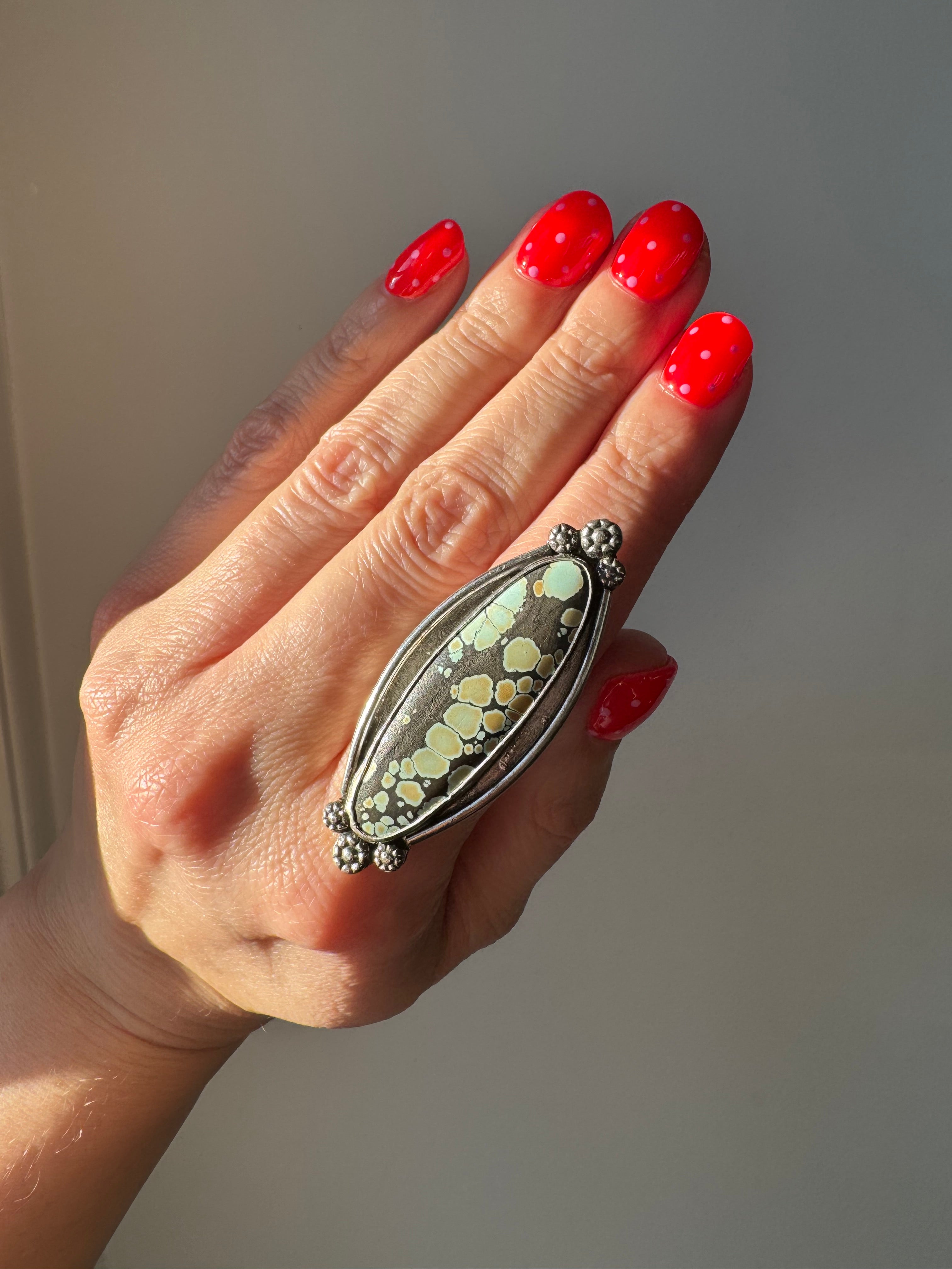 Turquoise Surfboard Ring in Sterling Silver | Decorative Sterling Border — Ready to Ship, One of a Kind