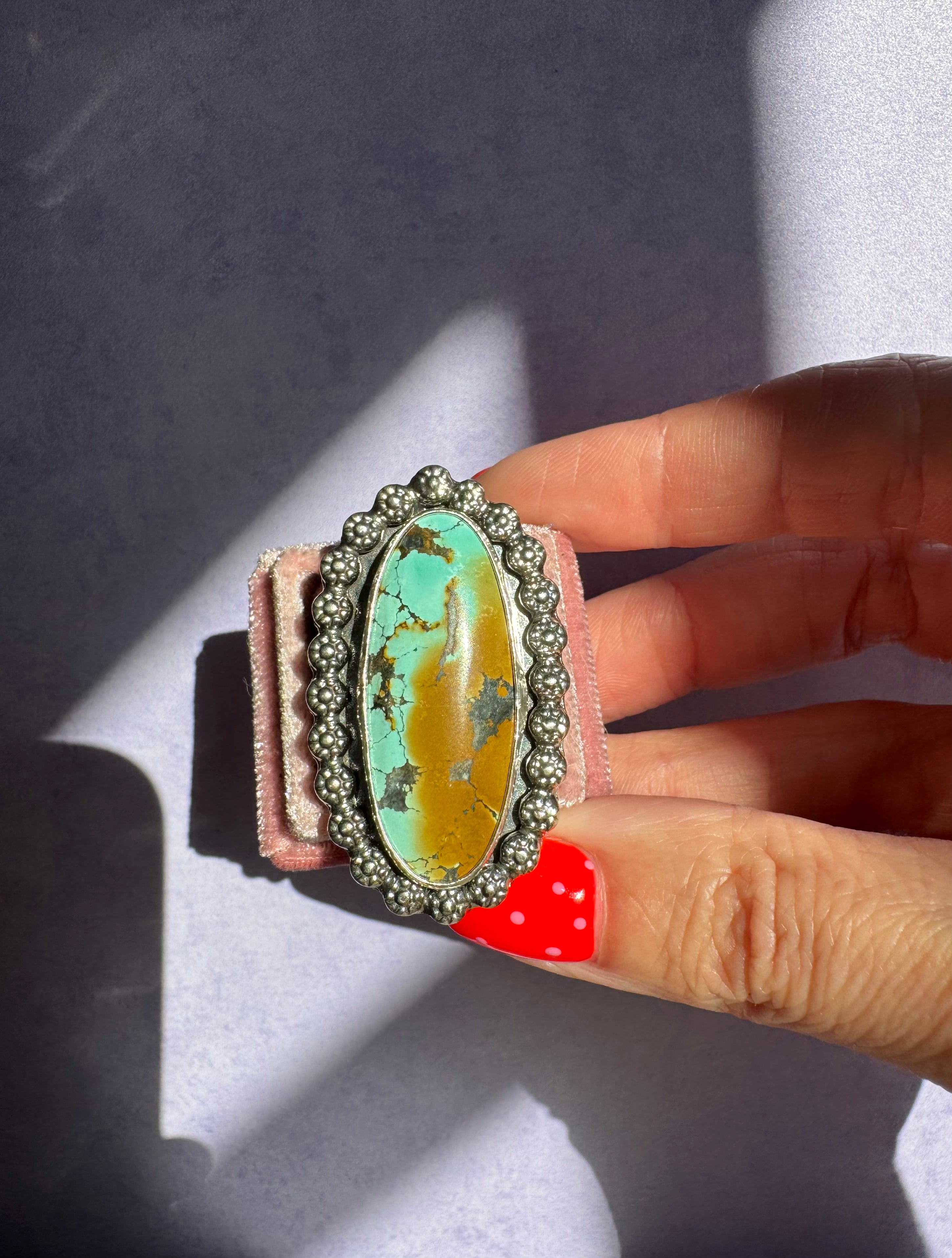 Turquoise Surfboard Ring in Sterling Silver | Berry Wire Border — Ready to Ship, One of a Kind