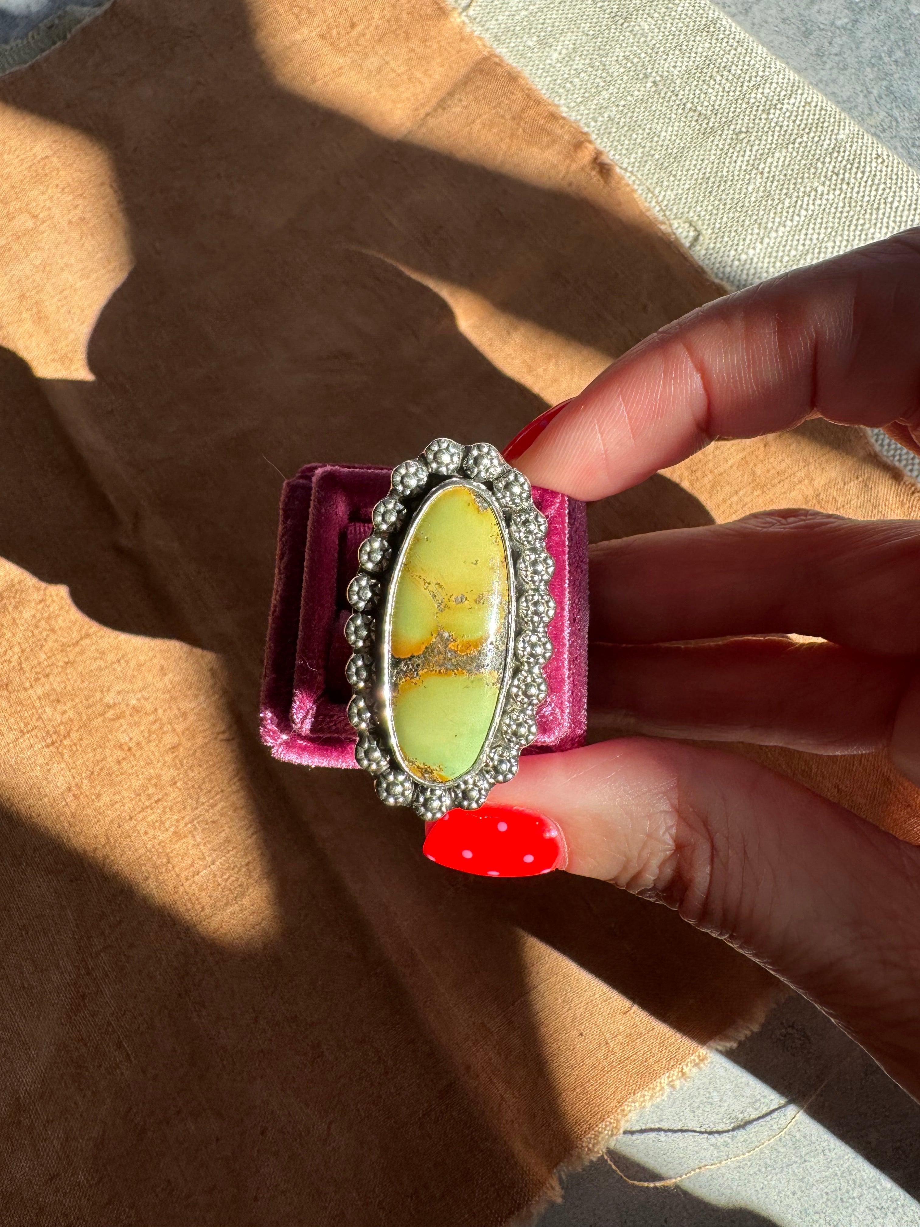 Turquoise Surfboard Ring in Sterling Silver | Decorative Berry Wire Border — Ready to Ship, One of a Kind